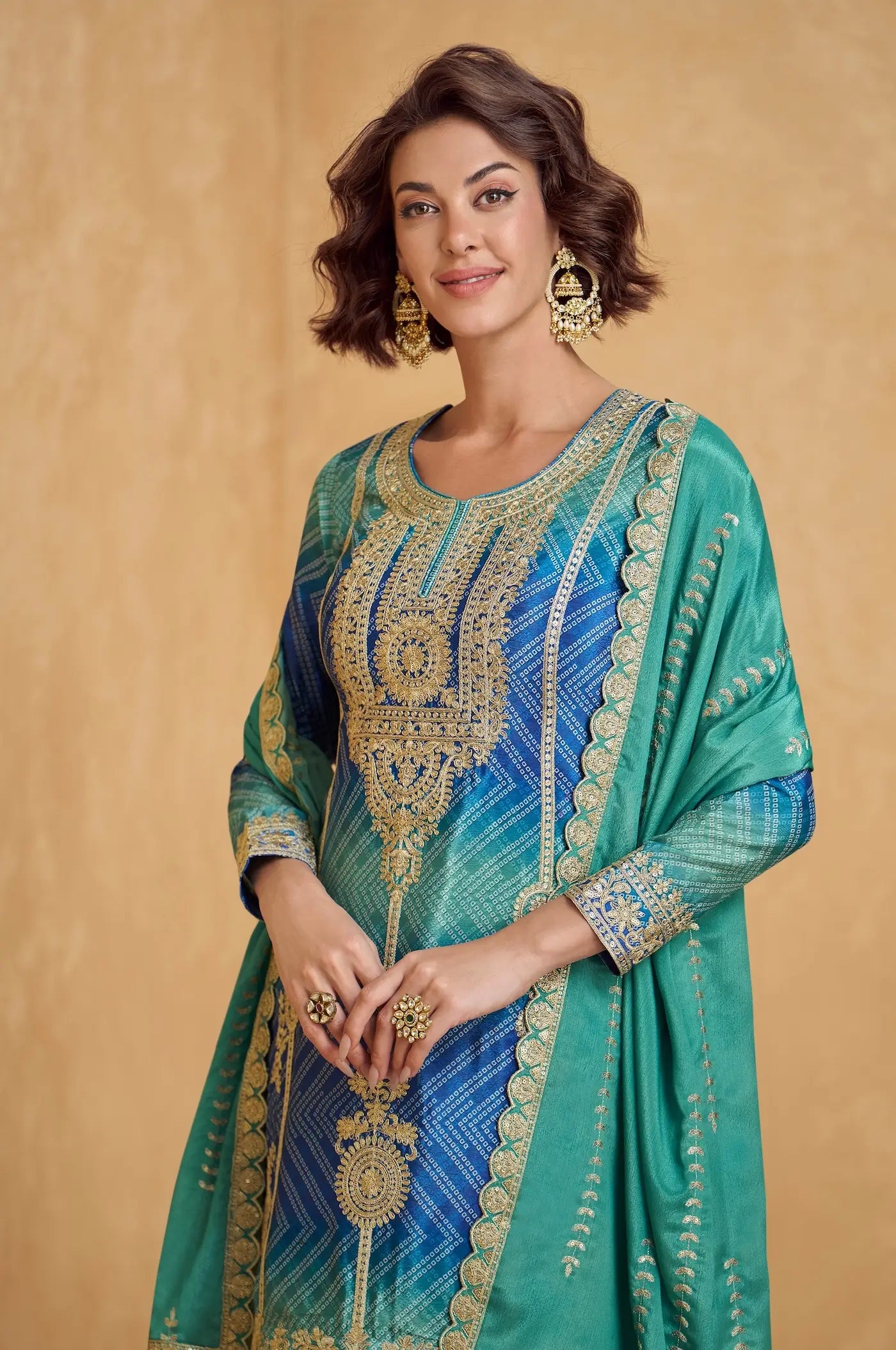 Sea Blue Chinon Silk Printed & Embroidery Work Palazzo set - qivii