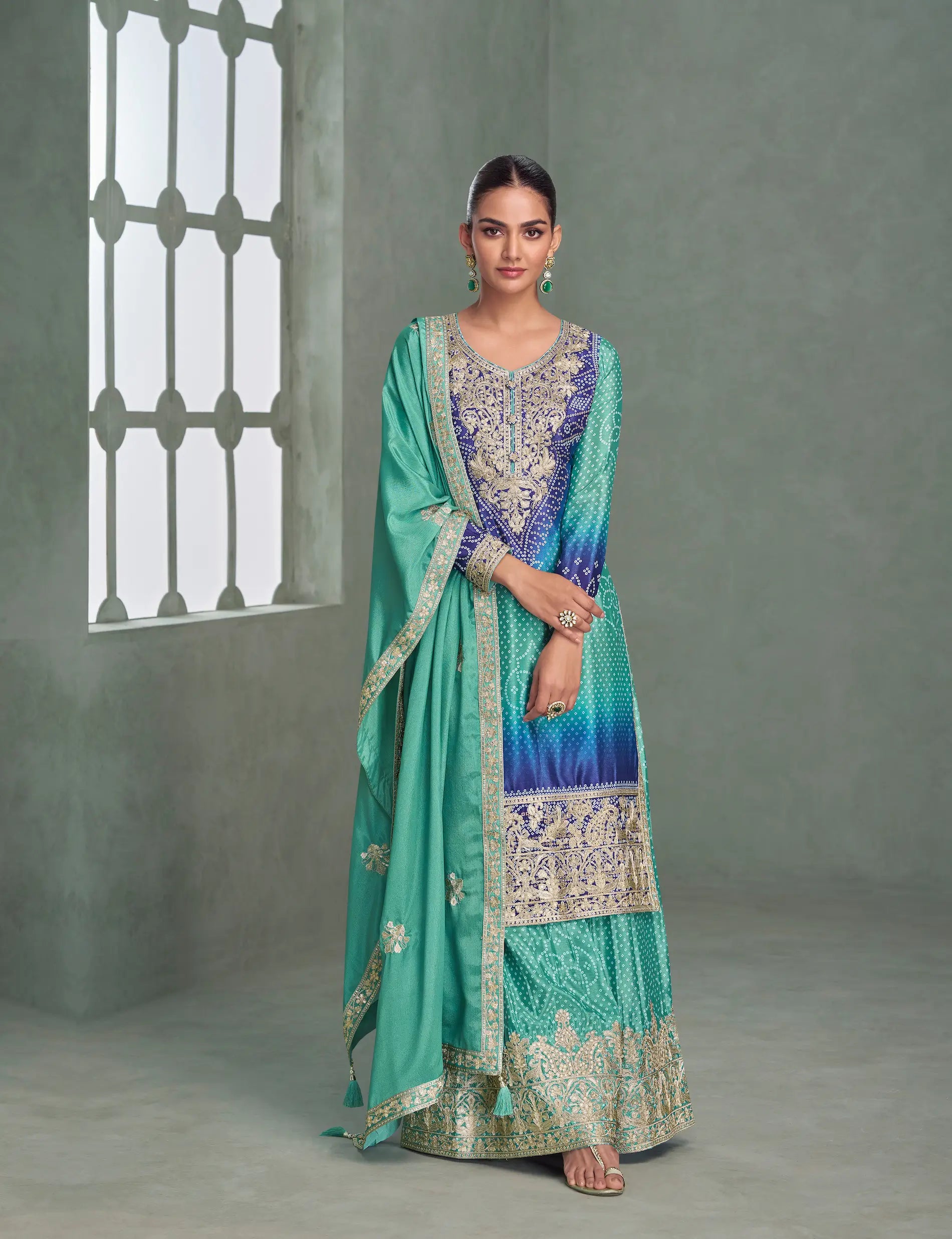 Sea Blue Chinon Silk Embroidery Palazzo Suit - qivii