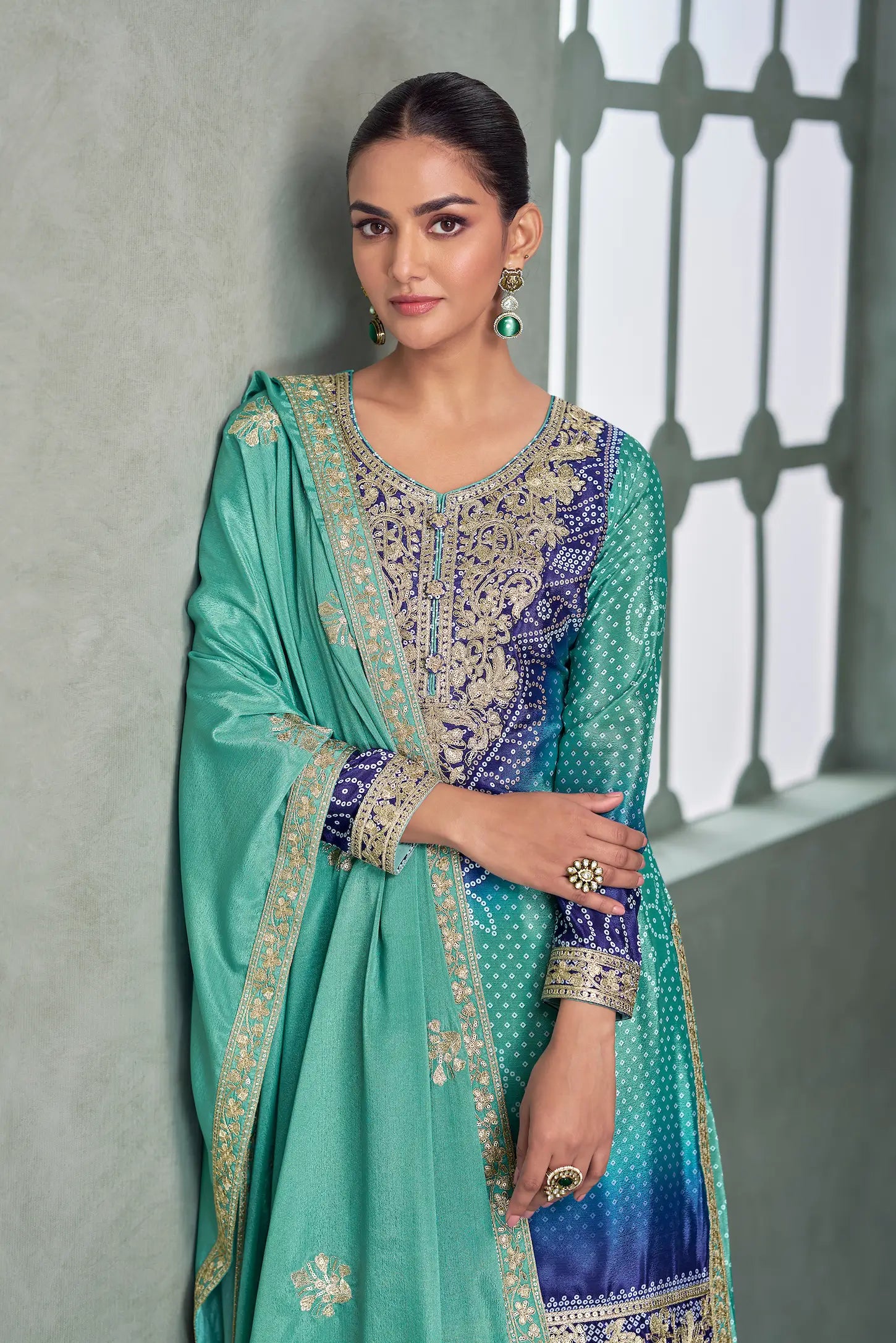 Sea Blue Chinon Silk Embroidery Palazzo Suit - qivii