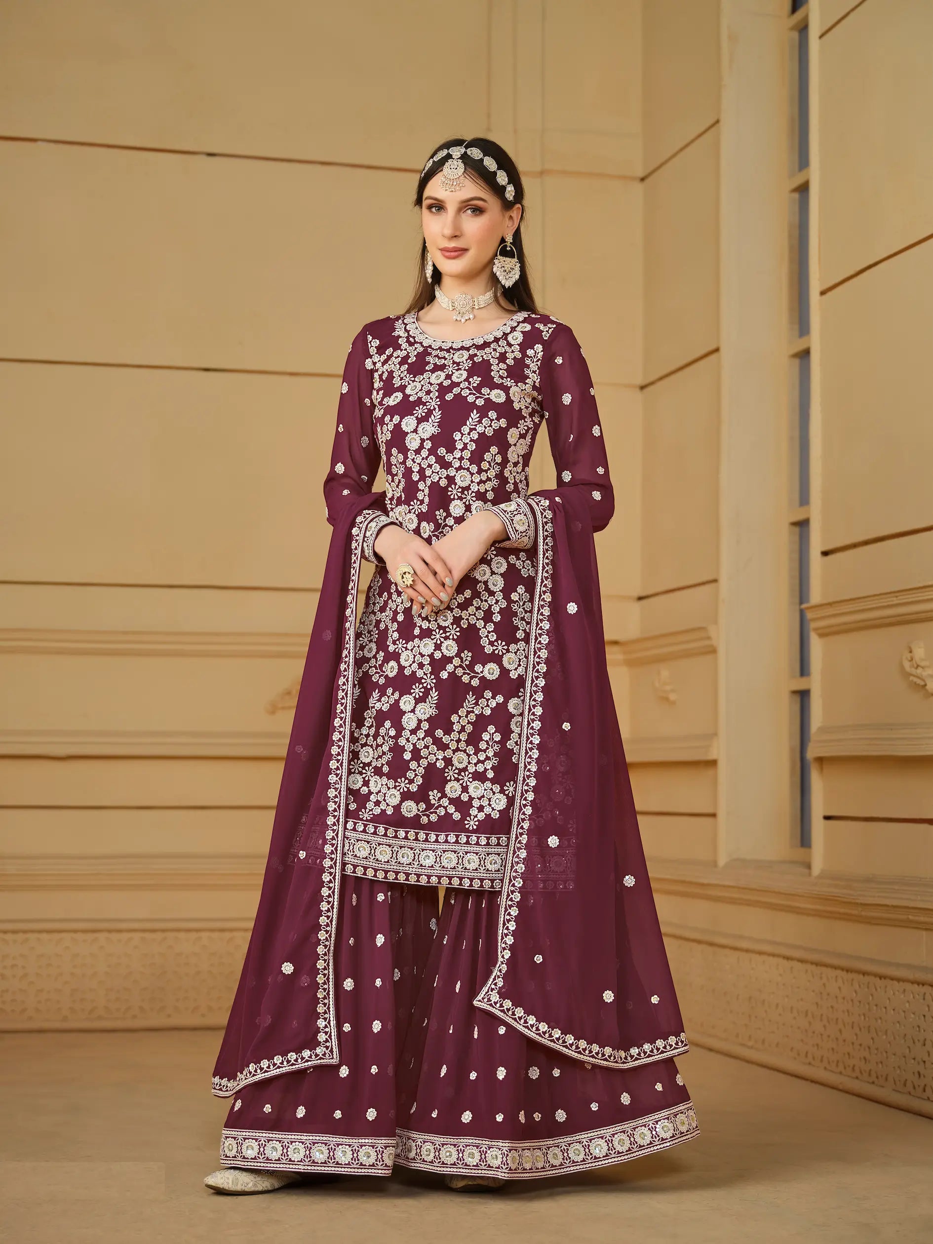 Maroon Georgette Thread & Sequins Embroidery Sharara Suit - qivii