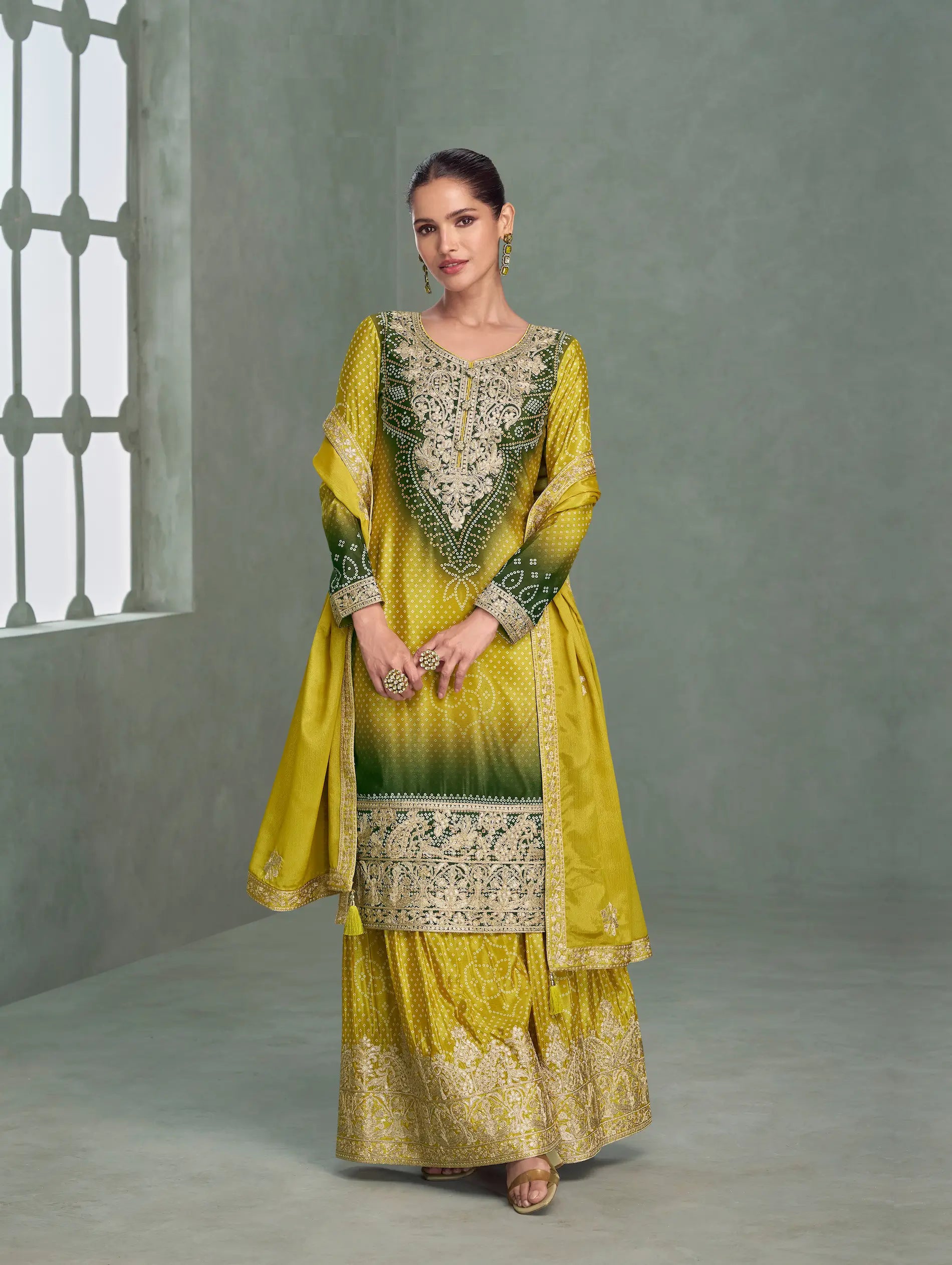 Lime Yellow Chinon Silk Embroidery Palazzo Suit - qivii