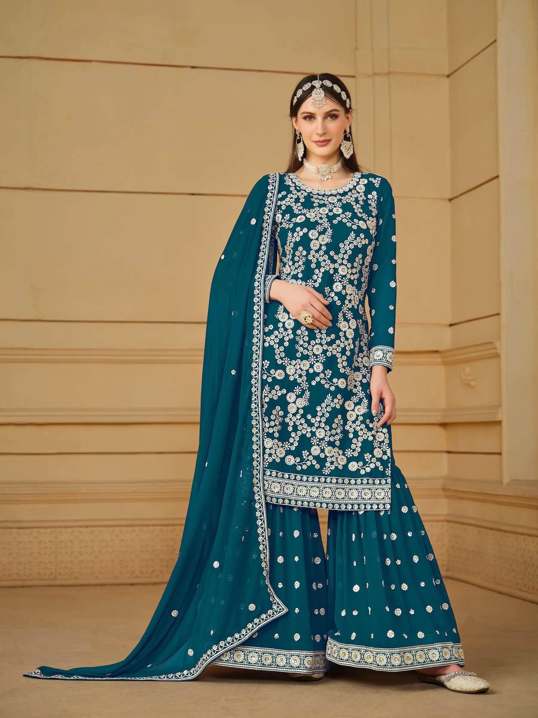 Teal Blue Georgette Thread & Sequins Embroidery Sharara Suit - qivii