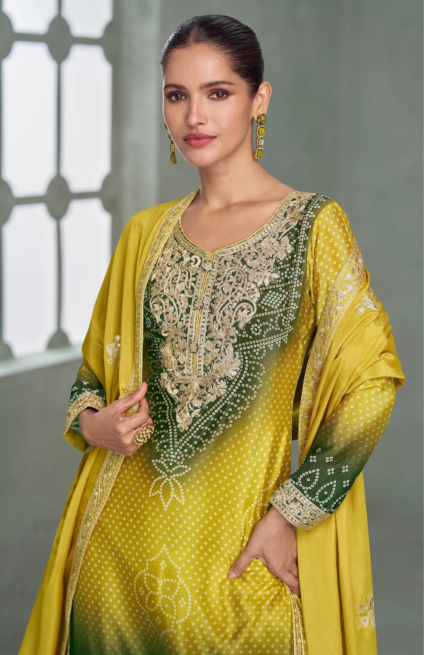 Lime Yellow Chinon Silk Embroidery Palazzo Suit - qivii