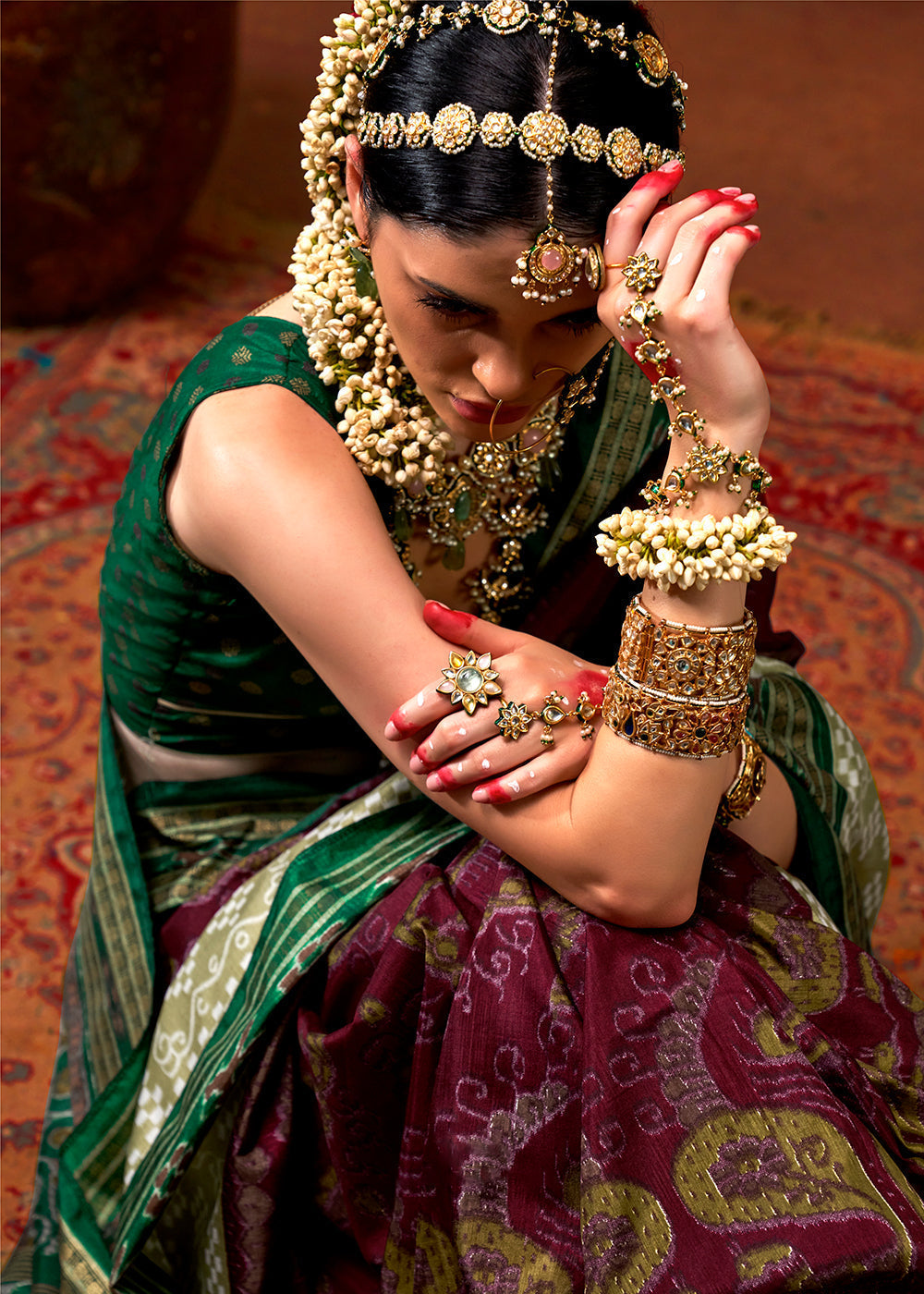 Purple & Green Traditional Patola Printed Silk Saree - qivii