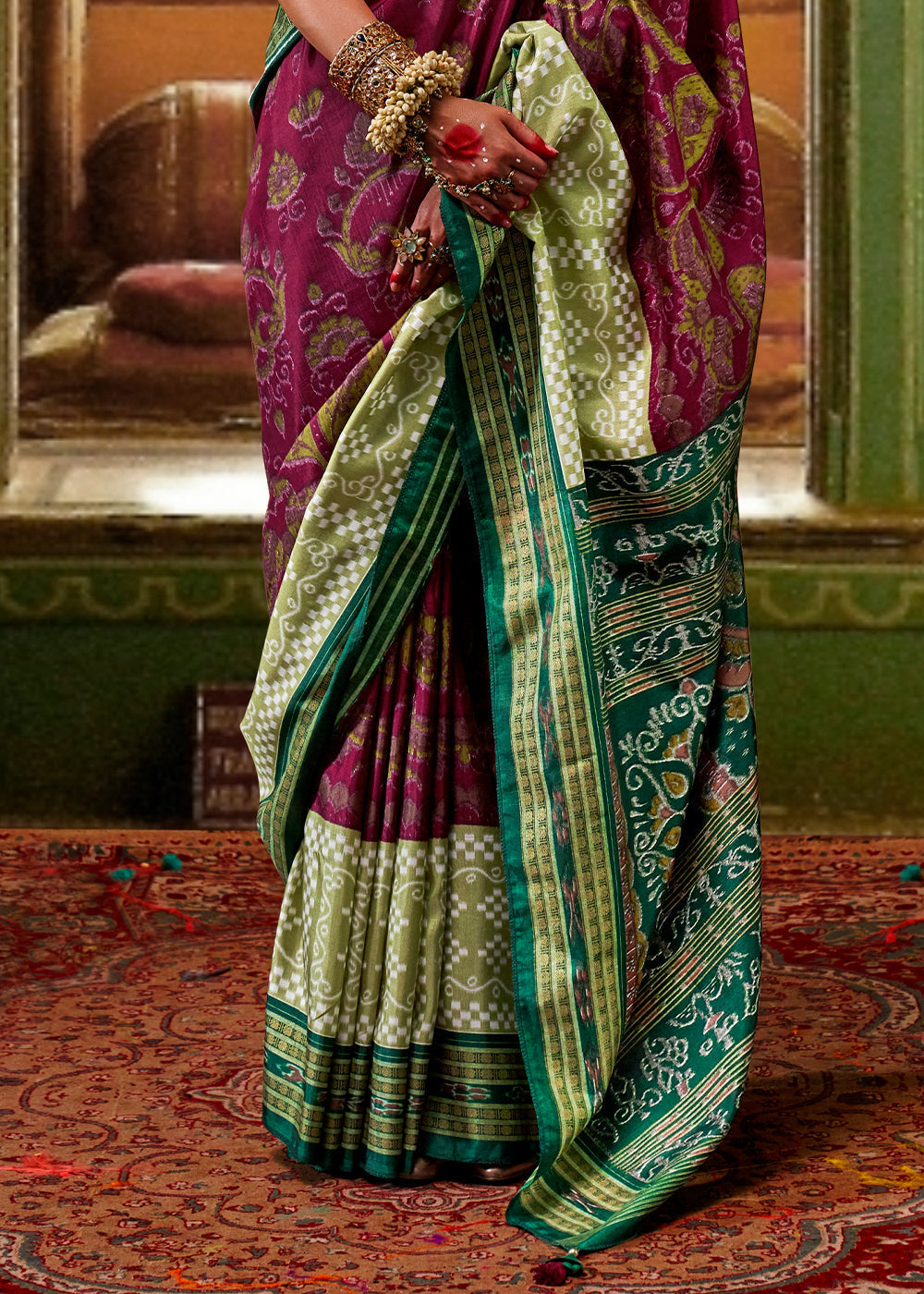 Purple & Green Traditional Patola Printed Silk Saree - qivii