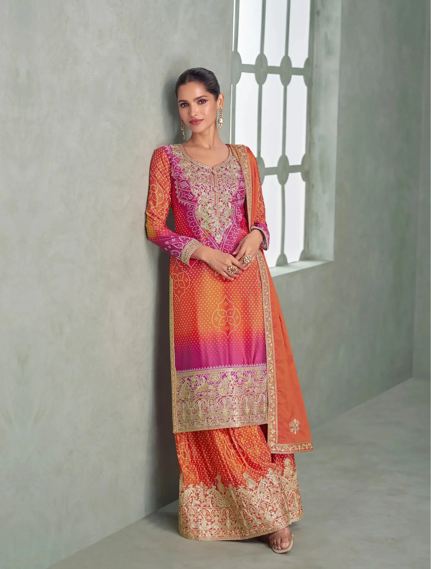 Sunrise Orange Chinon Silk Embroidery Palazzo Suit - qivii