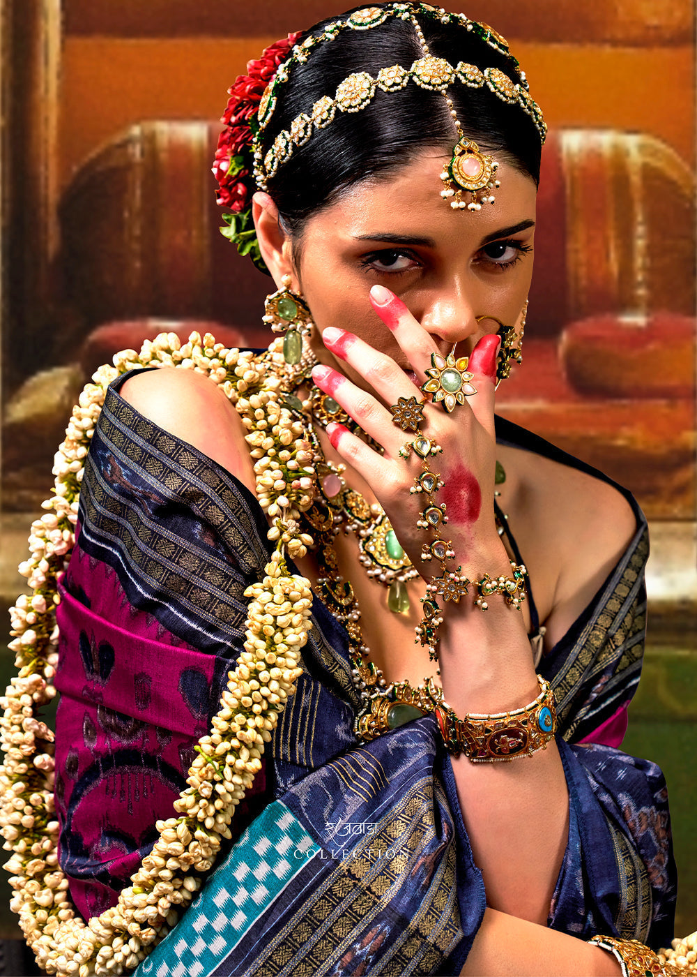 Pink & Blue Traditional Patola Printed Silk Saree - qivii