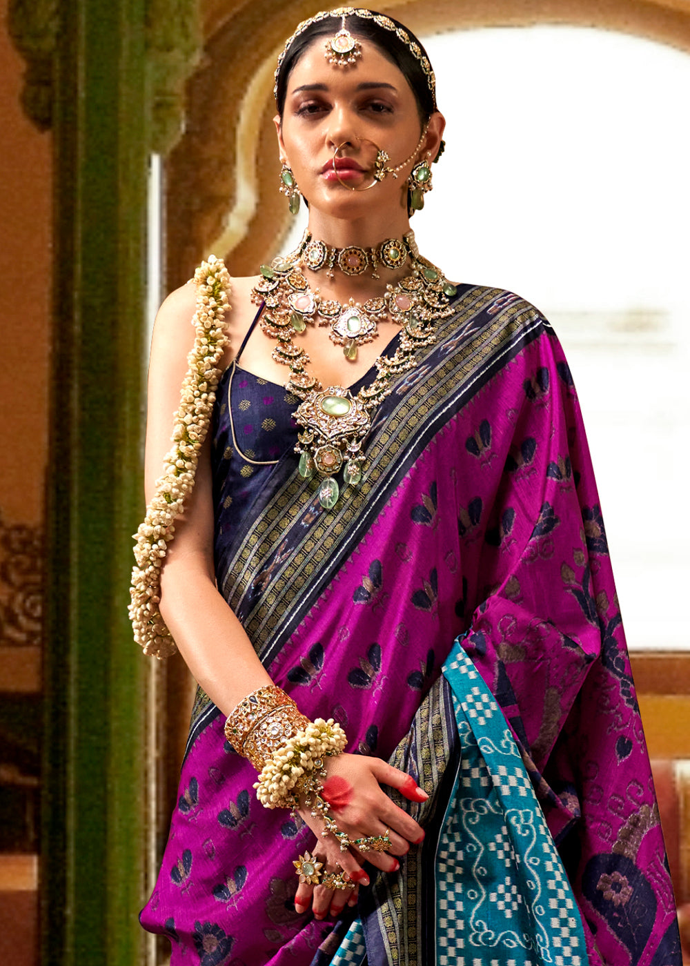 Pink & Blue Traditional Patola Printed Silk Saree - qivii