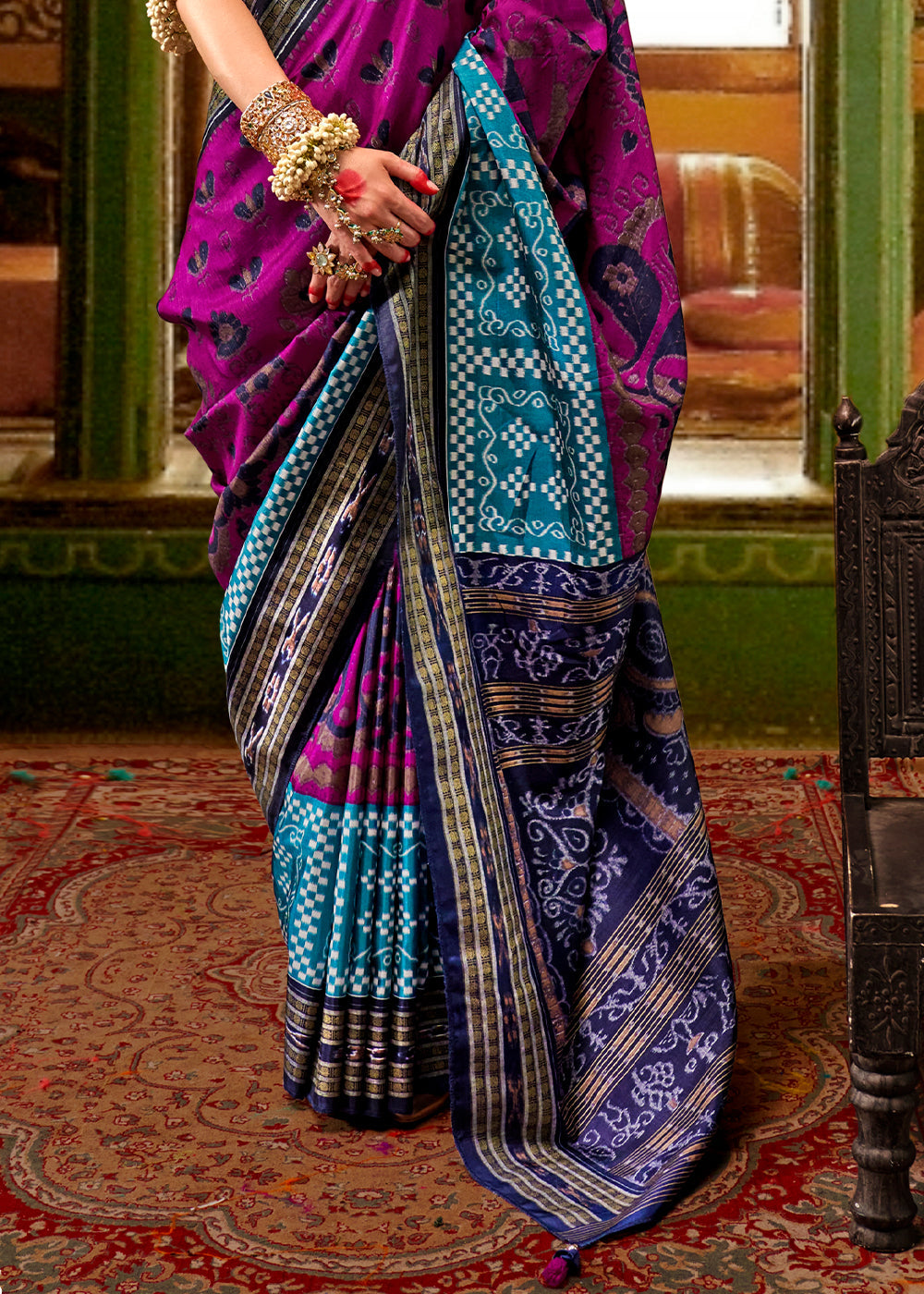 Pink & Blue Traditional Patola Printed Silk Saree - qivii
