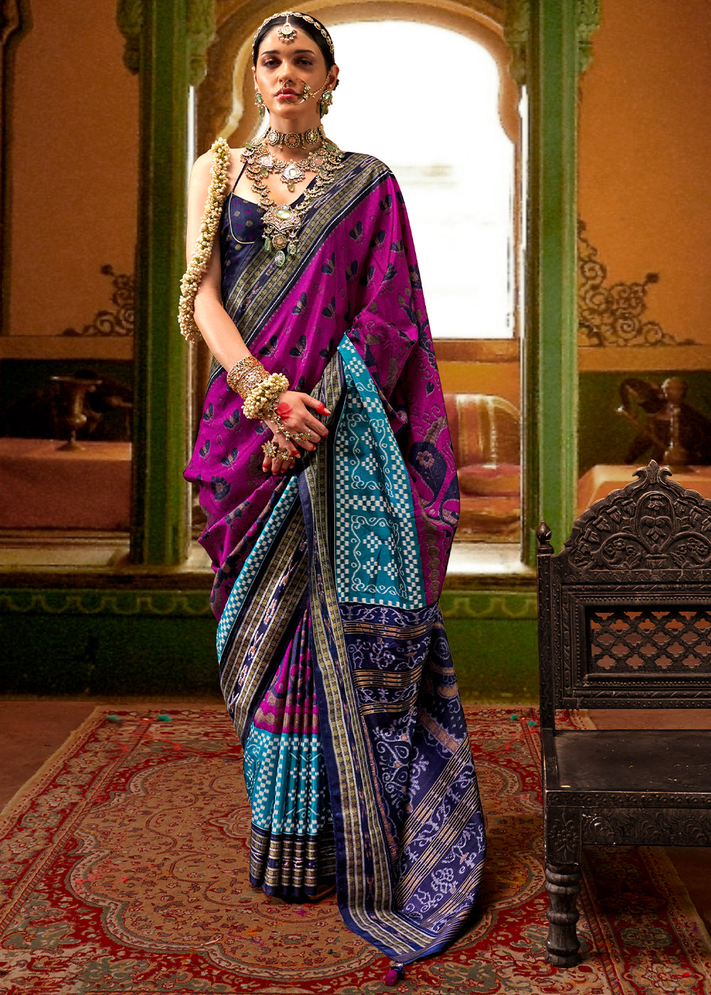 Pink & Blue Traditional Patola Printed Silk Saree - qivii