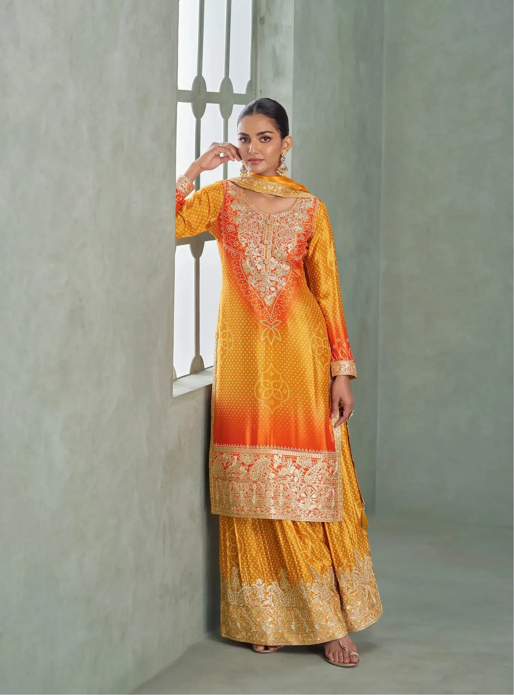 Turmeric Yellow Chinon Silk Embroidery Palazzo Suit