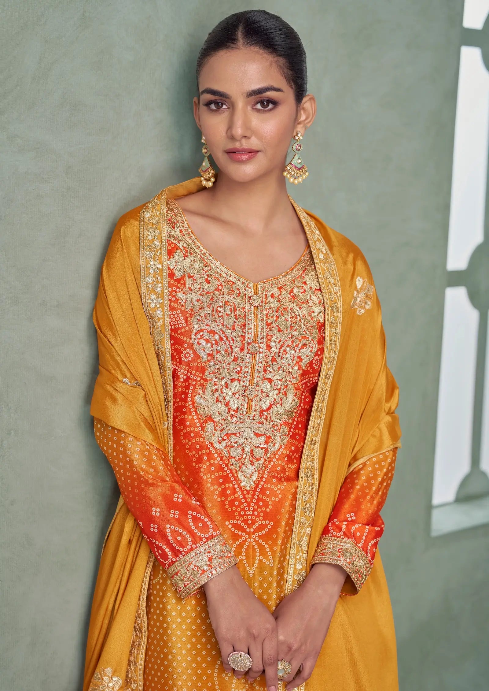 Turmeric Yellow Chinon Silk Embroidery Palazzo Suit - qivii
