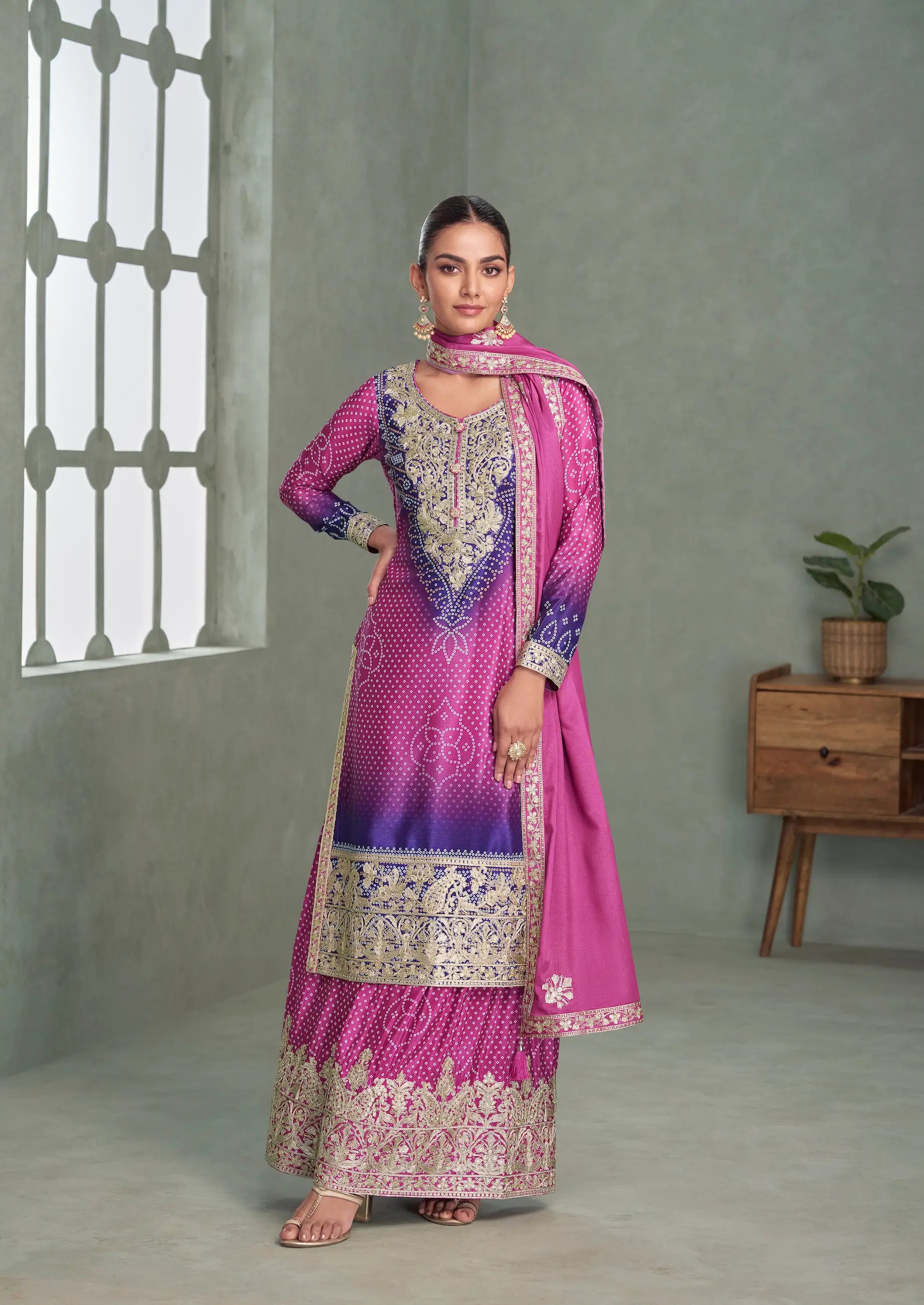 Royal Fuchsia Chinon Silk Embroidery Palazzo Suit - qivii