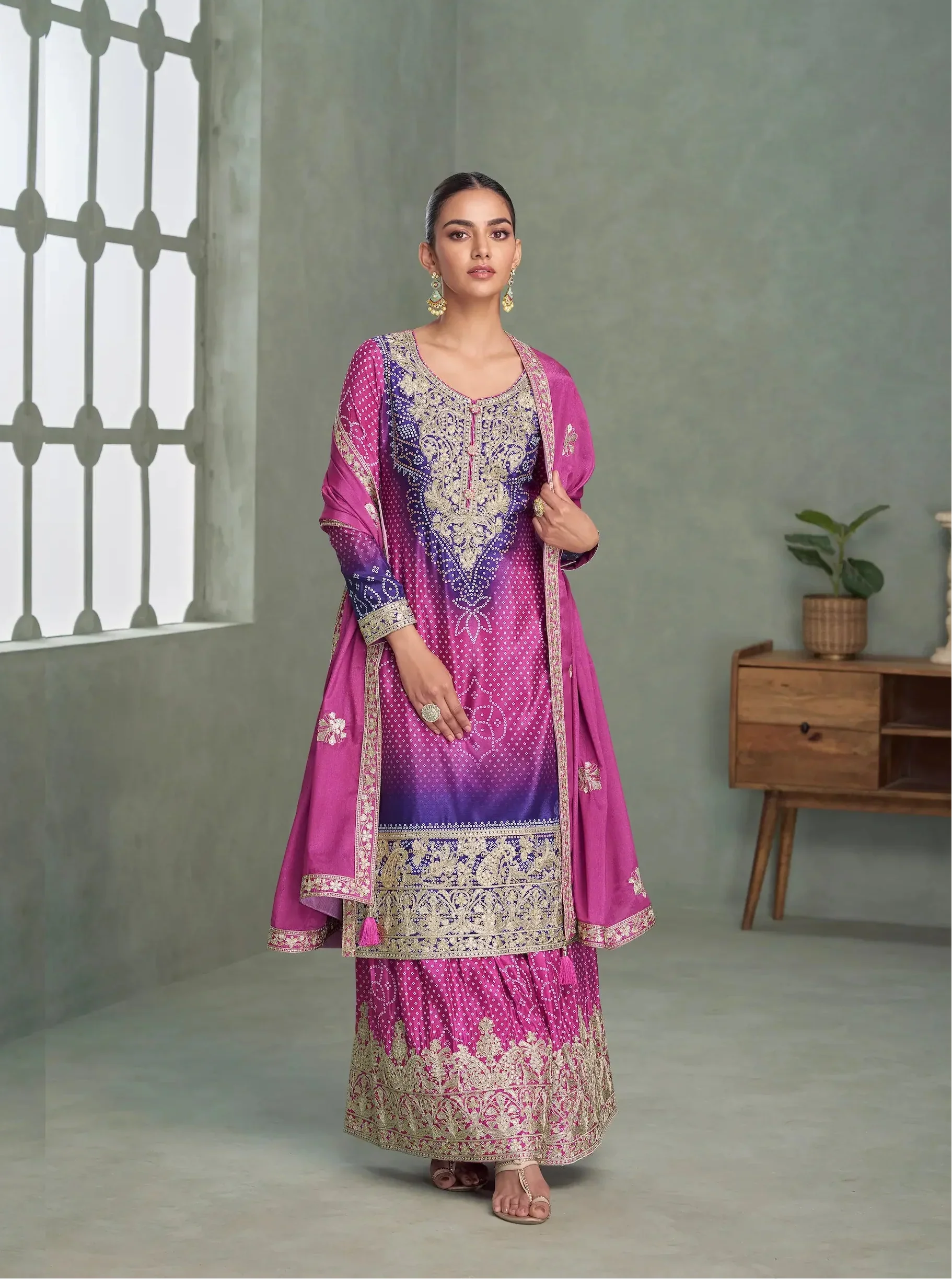 Royal Fuchsia Chinon Silk Embroidery Palazzo Suit - qivii