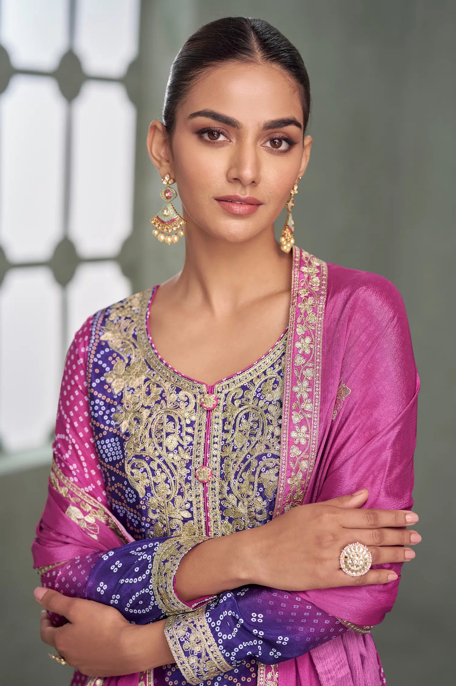 Royal Fuchsia Chinon Silk Embroidery Palazzo Suit