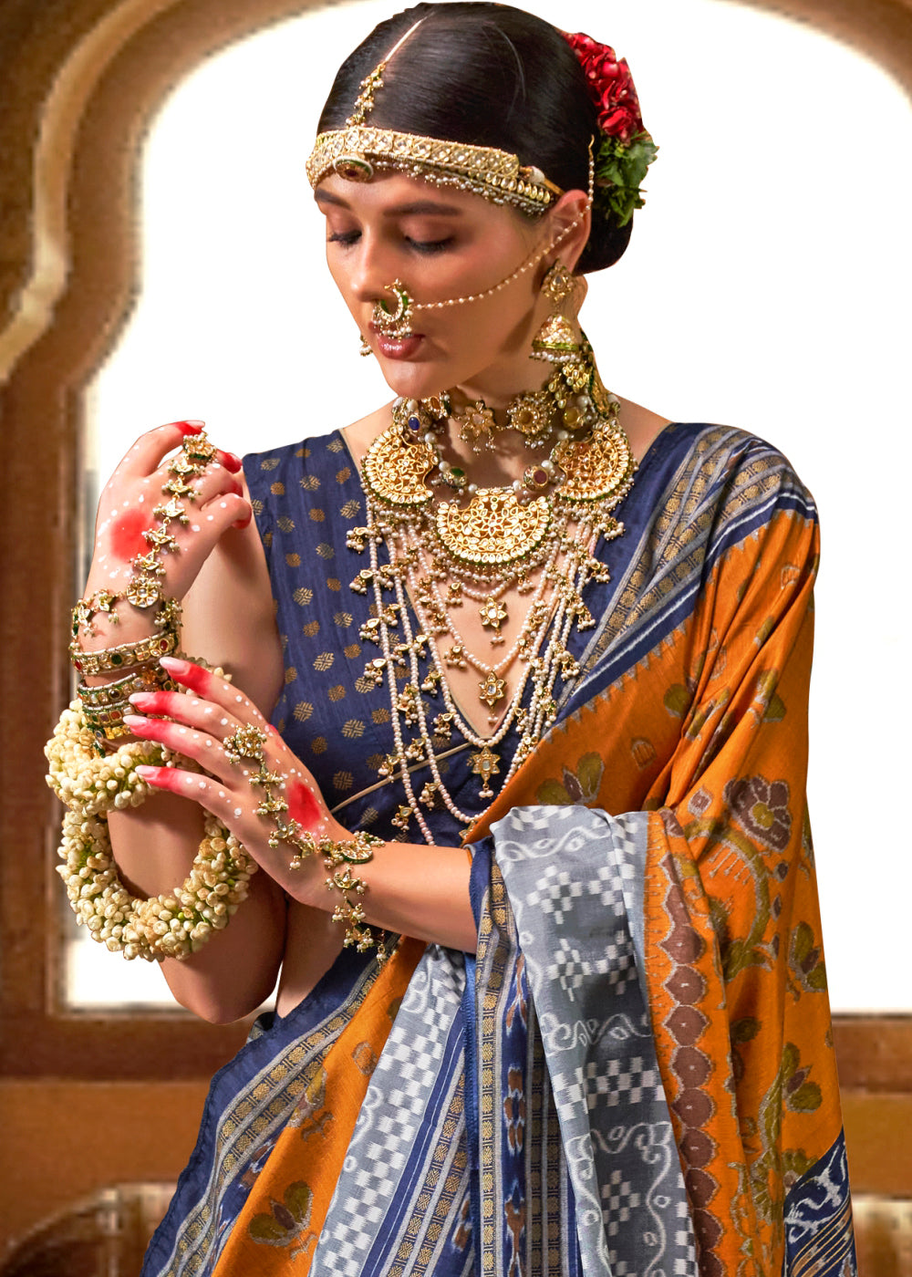 Orange & Blue Traditional Patola Printed Silk Saree - qivii