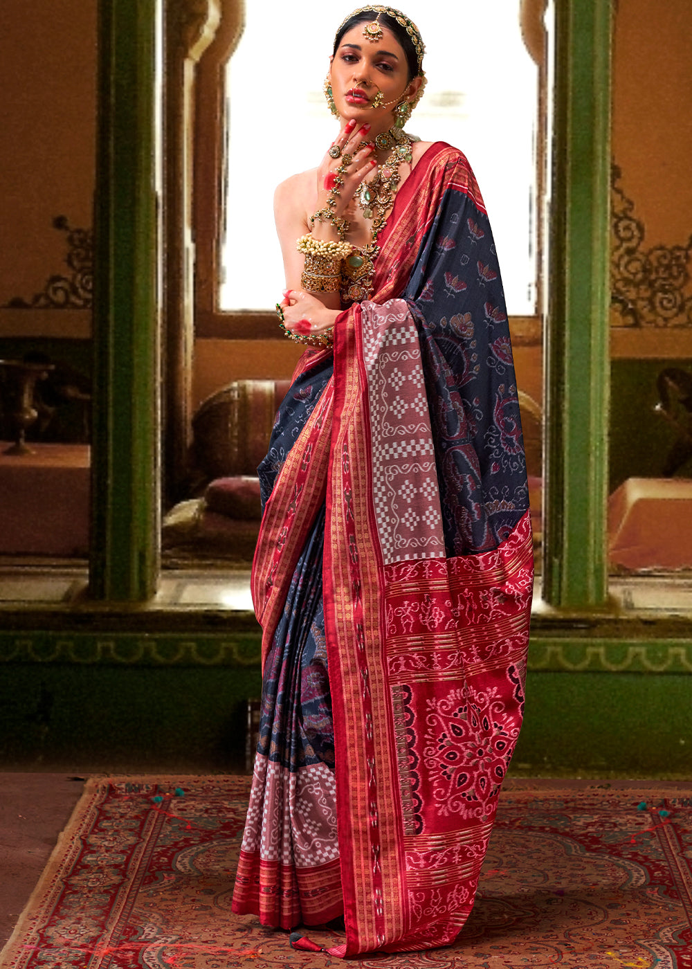 Navy Blue Traditional Patola Printed Silk Saree - qivii