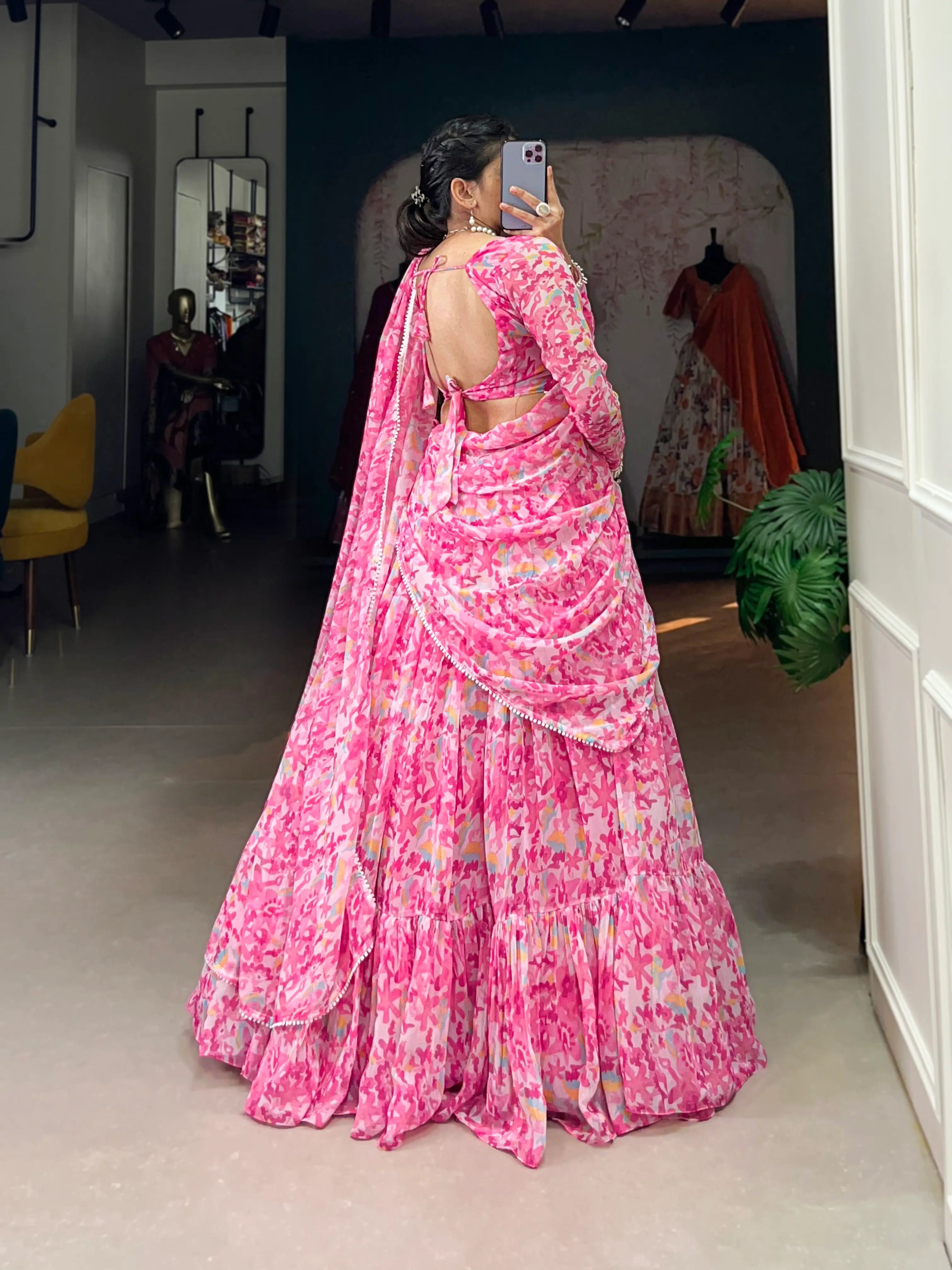 Light Pink Goergette Floral Printed Lehenga Choli | Ready To Wear - qivii
