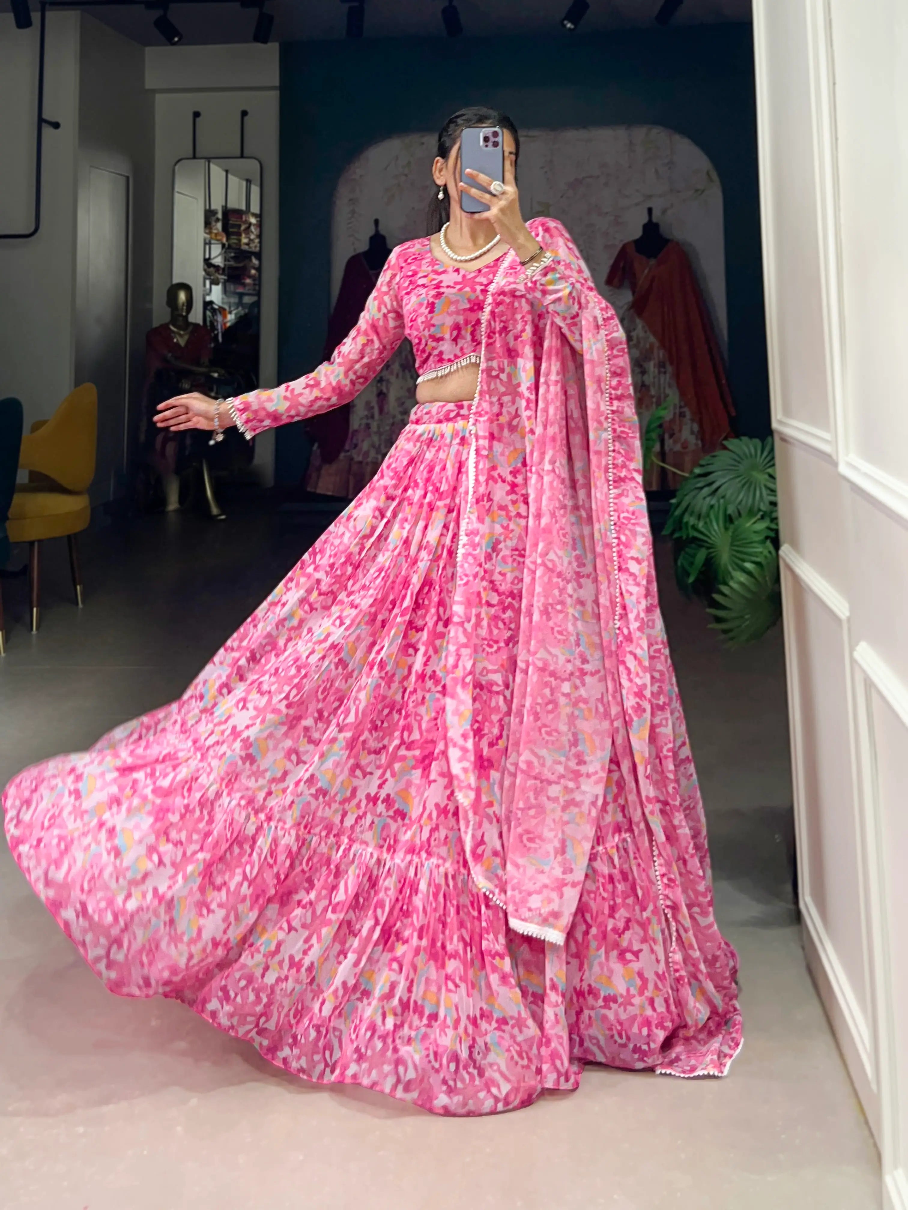 Light Pink Goergette Floral Printed Lehenga Choli | Ready To Wear - qivii