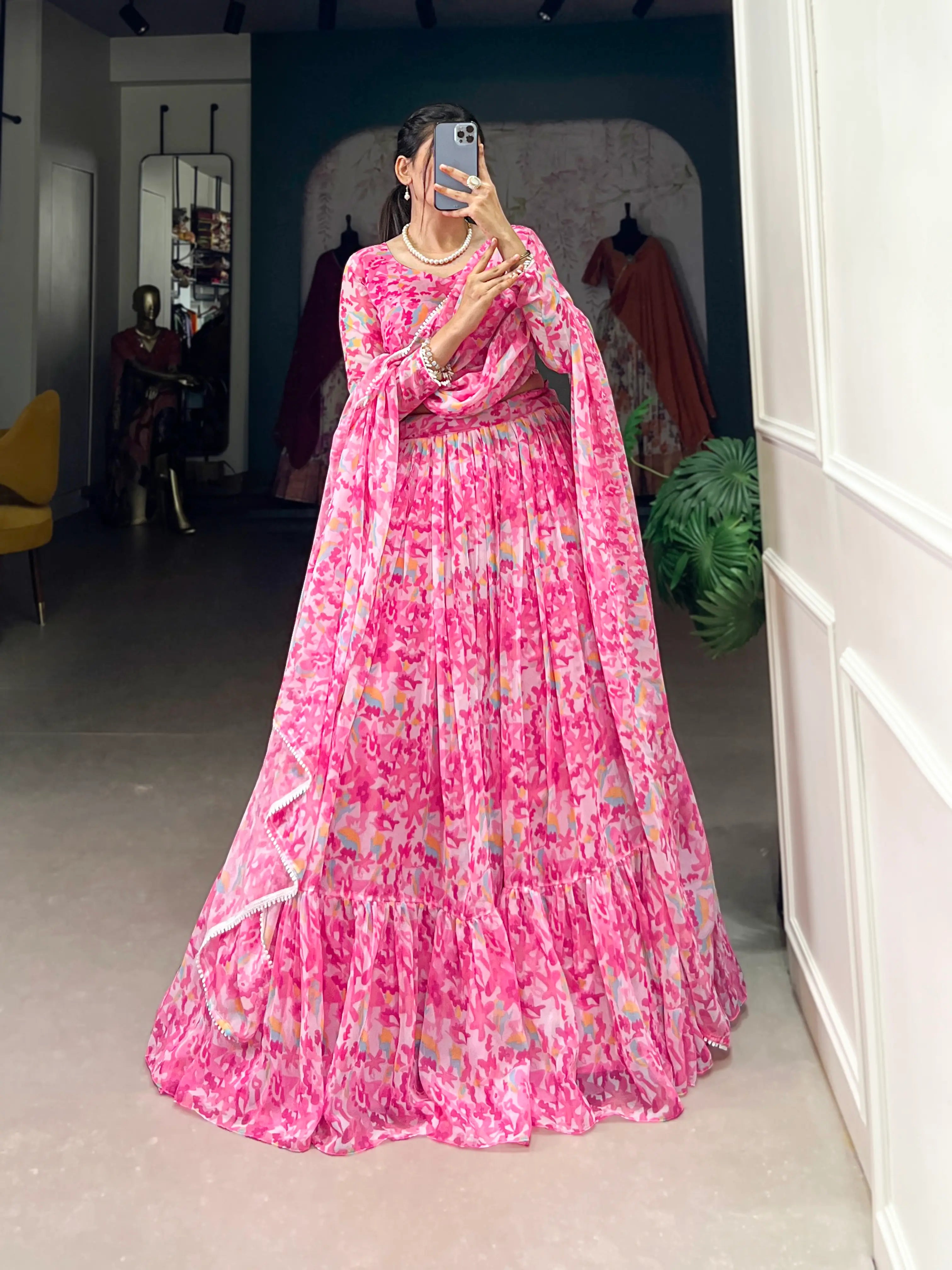 Light Pink Goergette Floral Printed Lehenga Choli | Ready To Wear - qivii