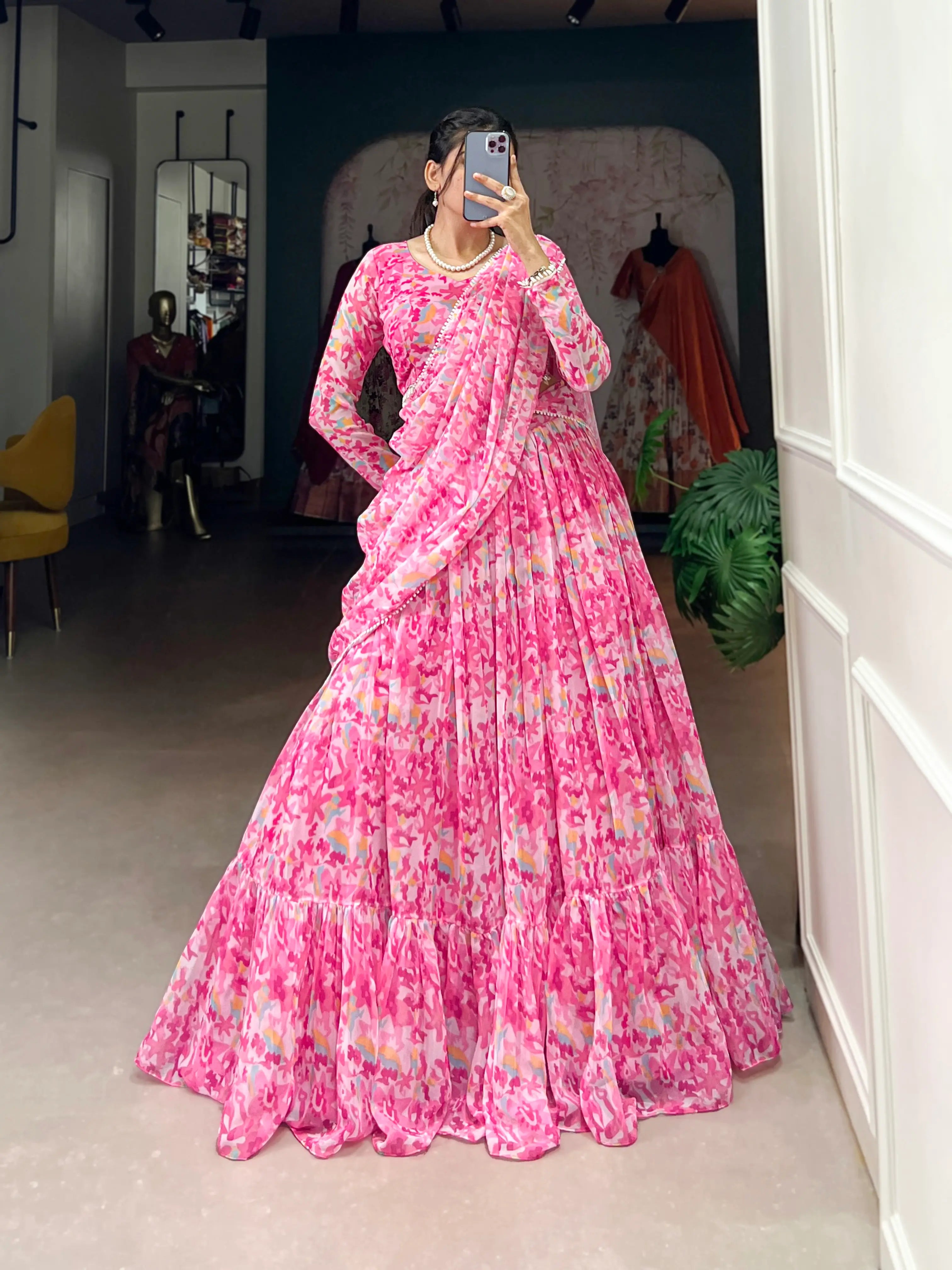 Light Pink Goergette Floral Printed Lehenga Choli | Ready To Wear - qivii