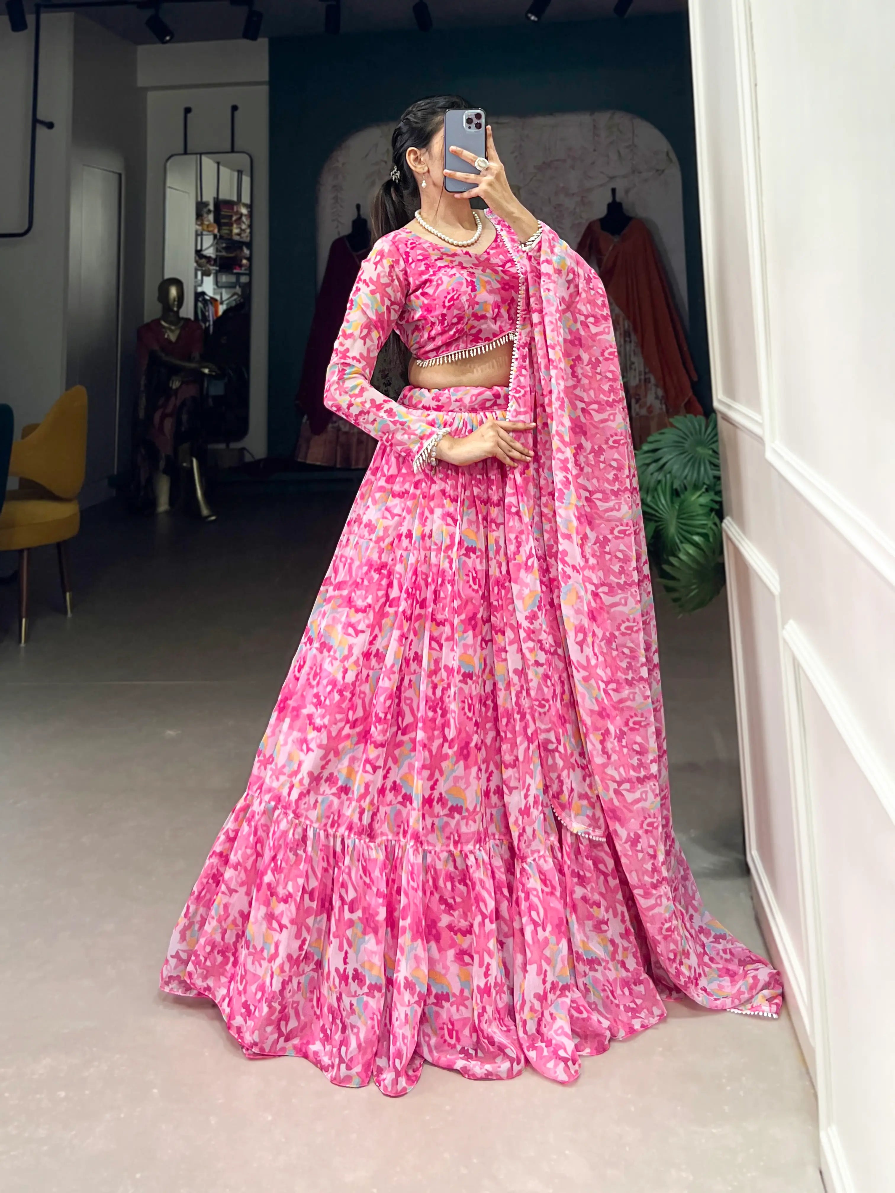 Light Pink Goergette Floral Printed Lehenga Choli | Ready To Wear - qivii