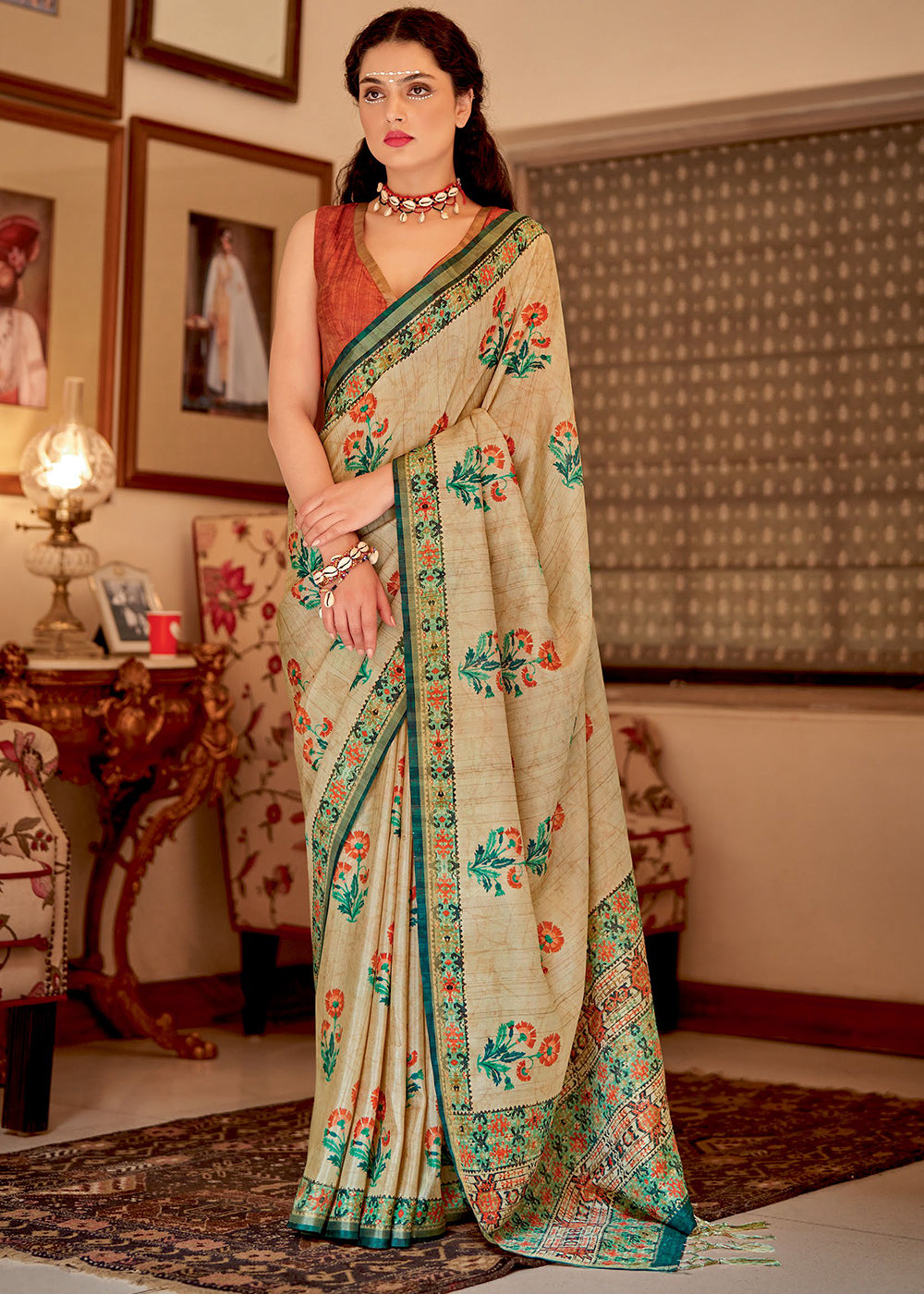 Beige Brown Designer Printed Silk Saree - qivii