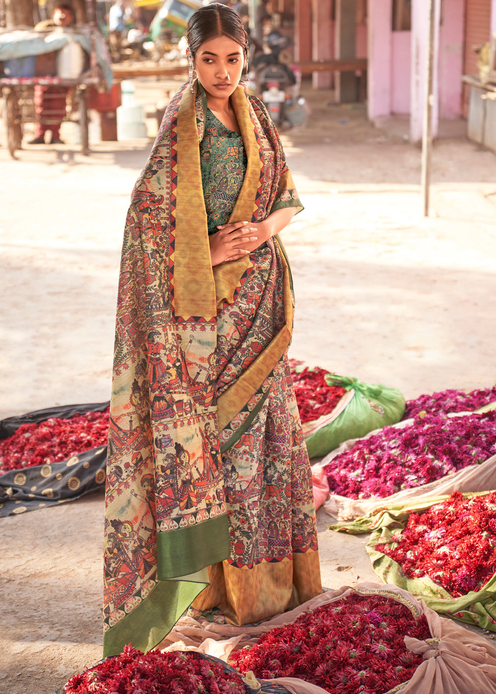 Green & Yellow Madhubani Digital Printed Silk Saree - qivii