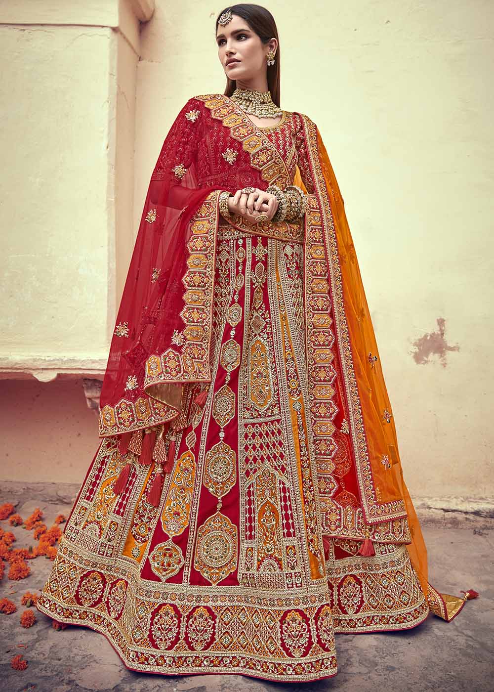 Apple Red Banarasi Silk Lehenga Choli with Jarkan, Cutdana and Hand Embroidery work:Bridal Edition | Ready To Wear - qivii