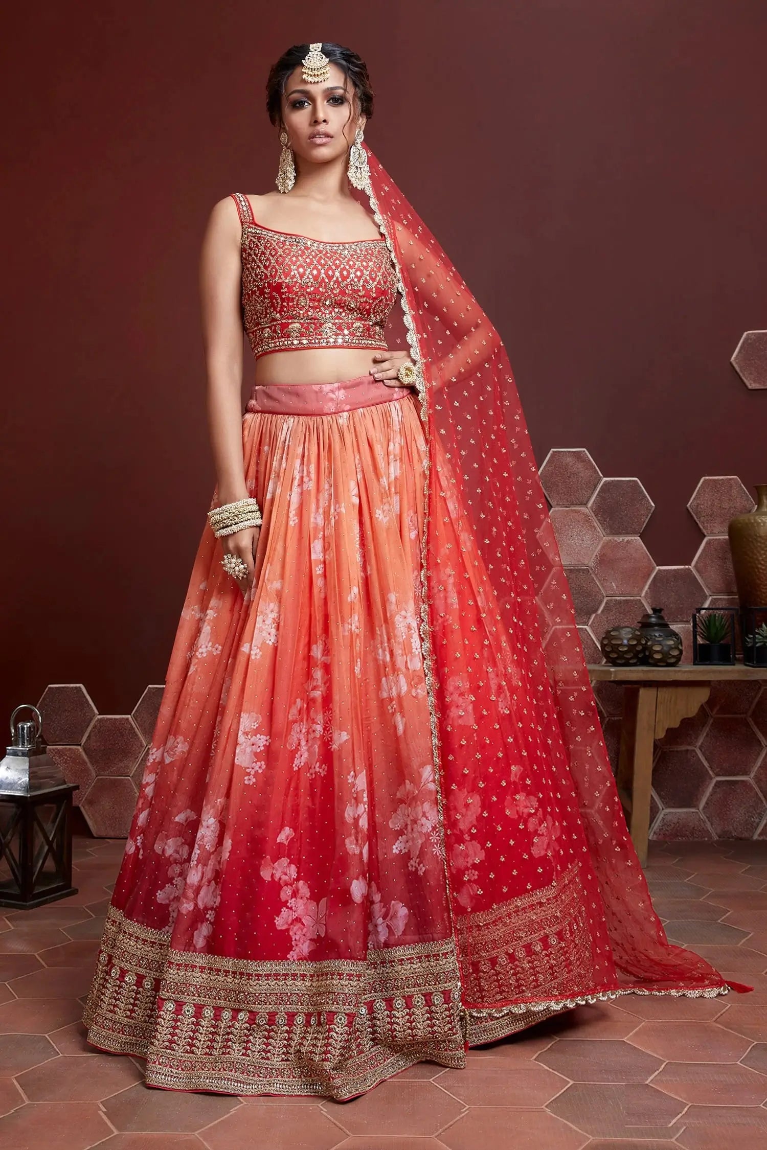 Sunrise Orange Lehenga With Digital Print And Heavy Embroidery Work With Sarvoski And Real Mirror Work | Ready To Wear - qivii