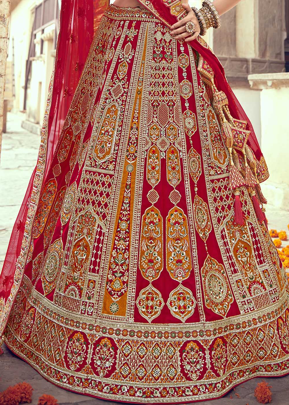 Apple Red Banarasi Silk Lehenga Choli with Jarkan, Cutdana and Hand Embroidery work:Bridal Edition | Ready To Wear - qivii