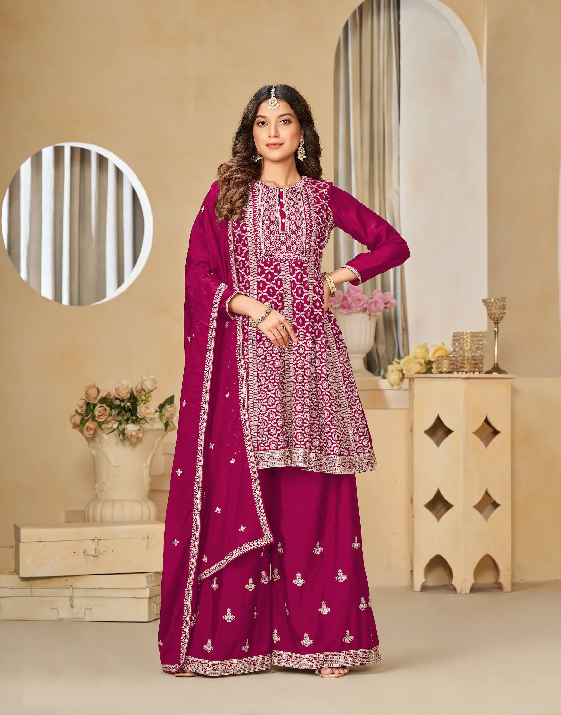 Pink Chinon Thread & Sequence Embroidery Work Palazzo Suit - qivii