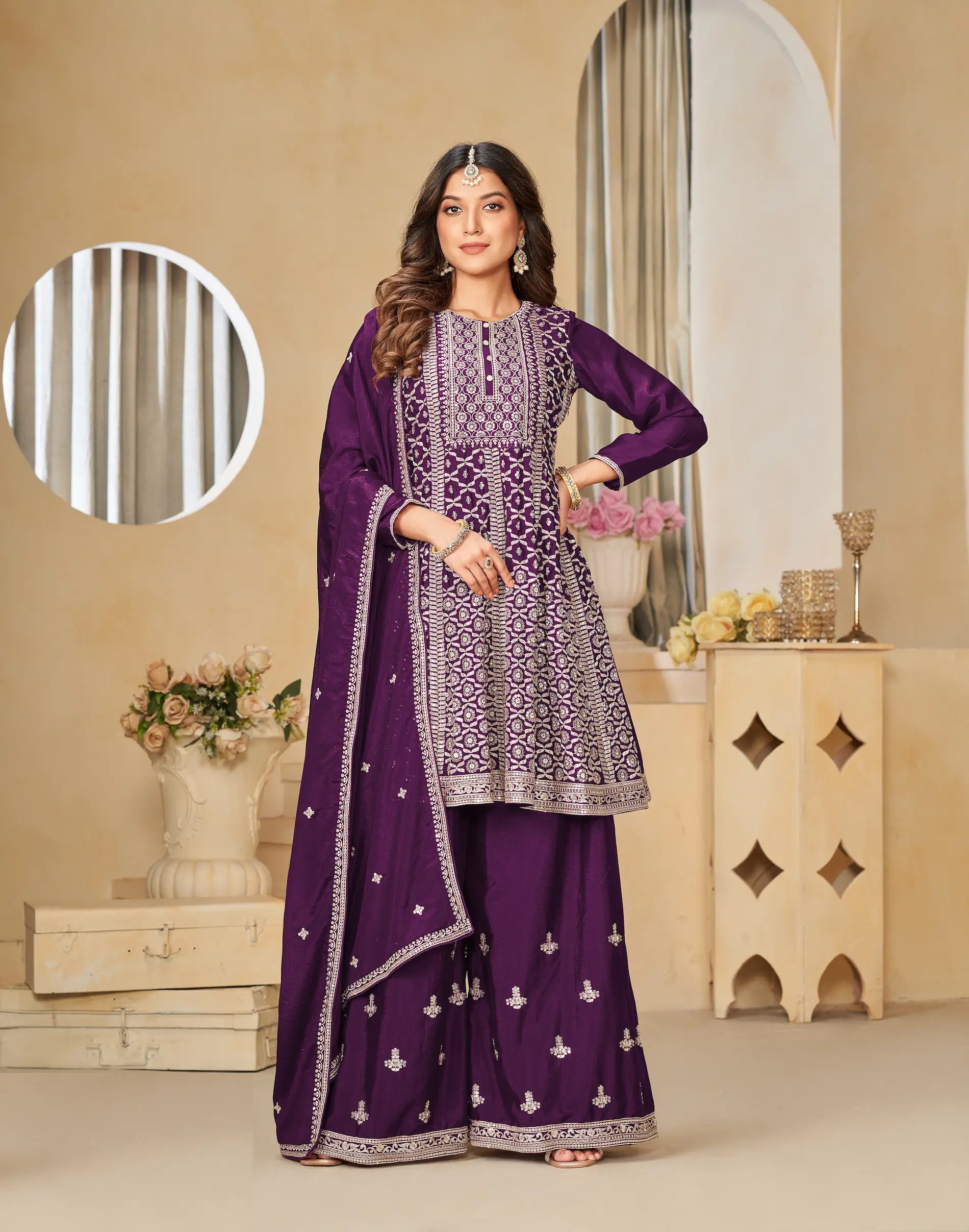 Wine Chinon Thread & Sequence Embroidery Work Palazzo Suit - qivii
