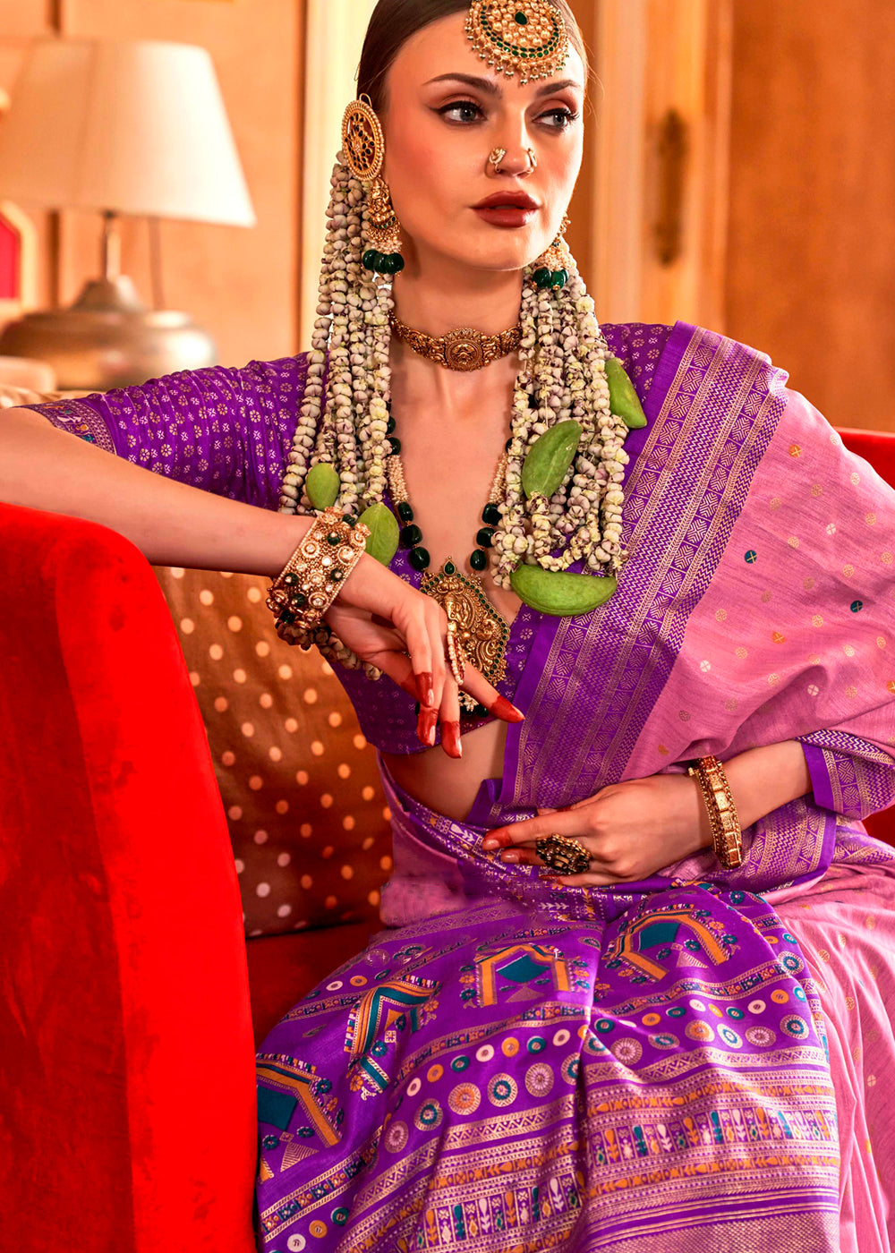 Shades Of Purple Patola Silk Saree with Sambhal Puri Print - qivii