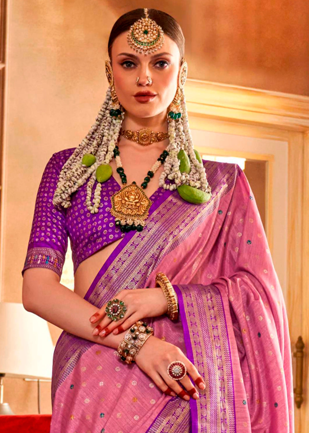 Shades Of Purple Patola Silk Saree with Sambhal Puri Print - qivii