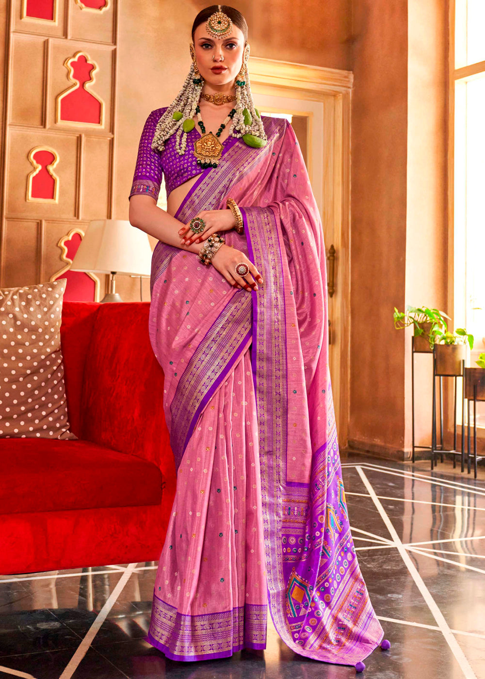 Shades Of Purple Patola Silk Saree with Sambhal Puri Print - qivii