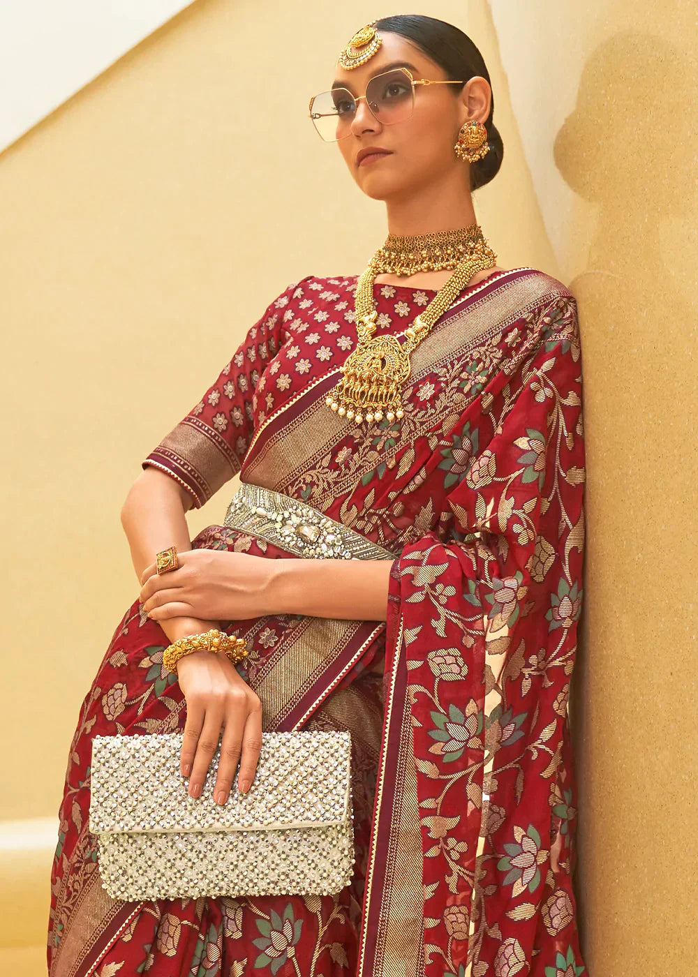 Maroon Red Zari Woven Brasso Organza Silk Saree - qivii