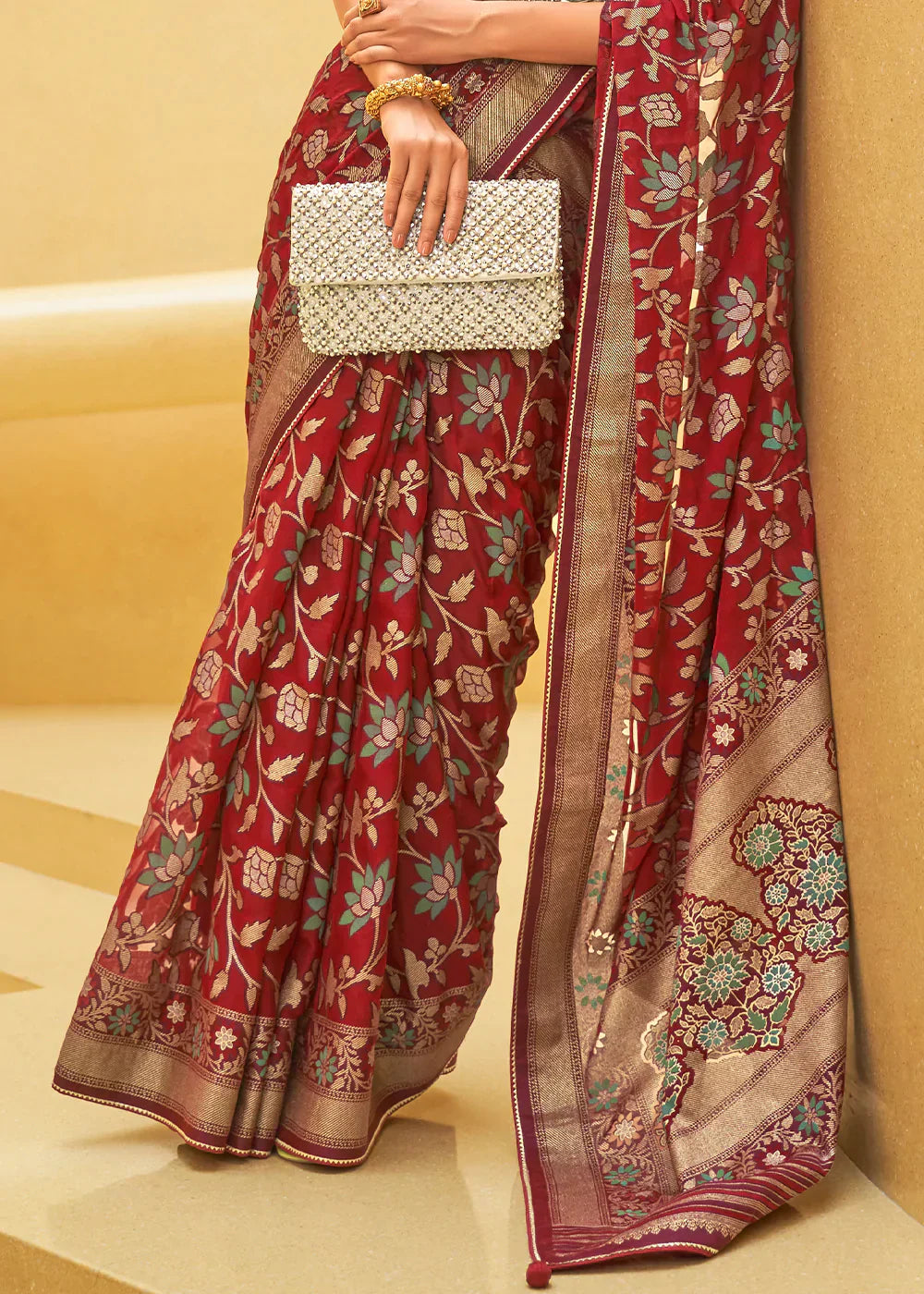 Maroon Red Zari Woven Brasso Organza Silk Saree - qivii