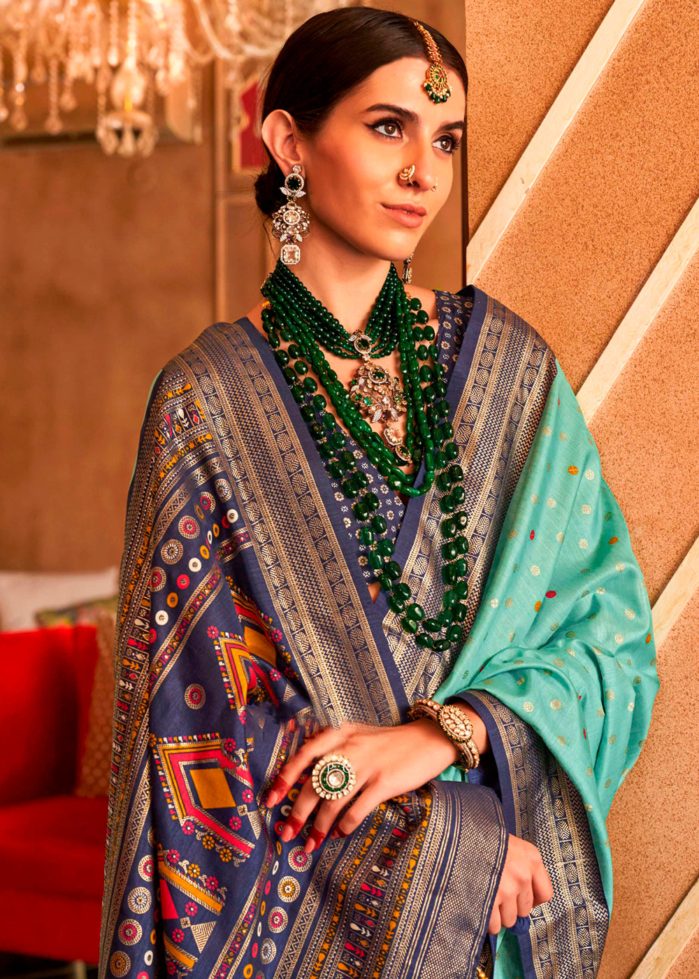 Green & Blue Patola Silk Saree with Sambhal Puri Print - qivii