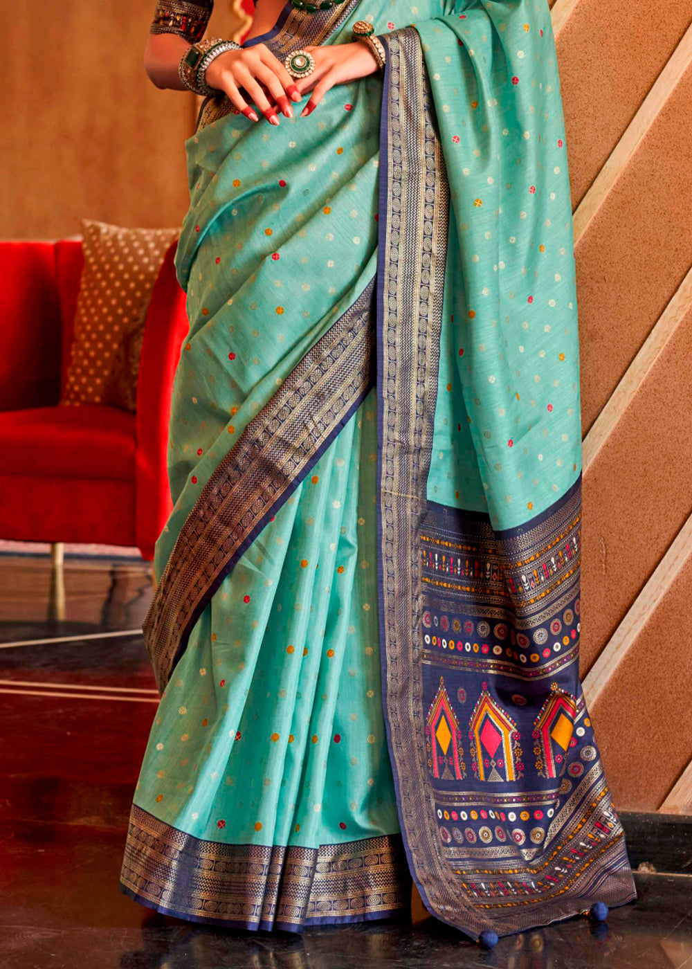 Green & Blue Patola Silk Saree with Sambhal Puri Print - qivii