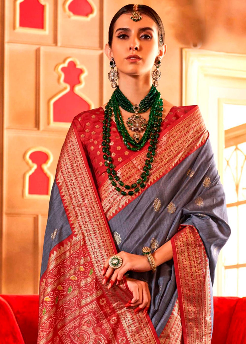 Pewter Grey Patola Silk Saree with Sambhal Puri Print - qivii