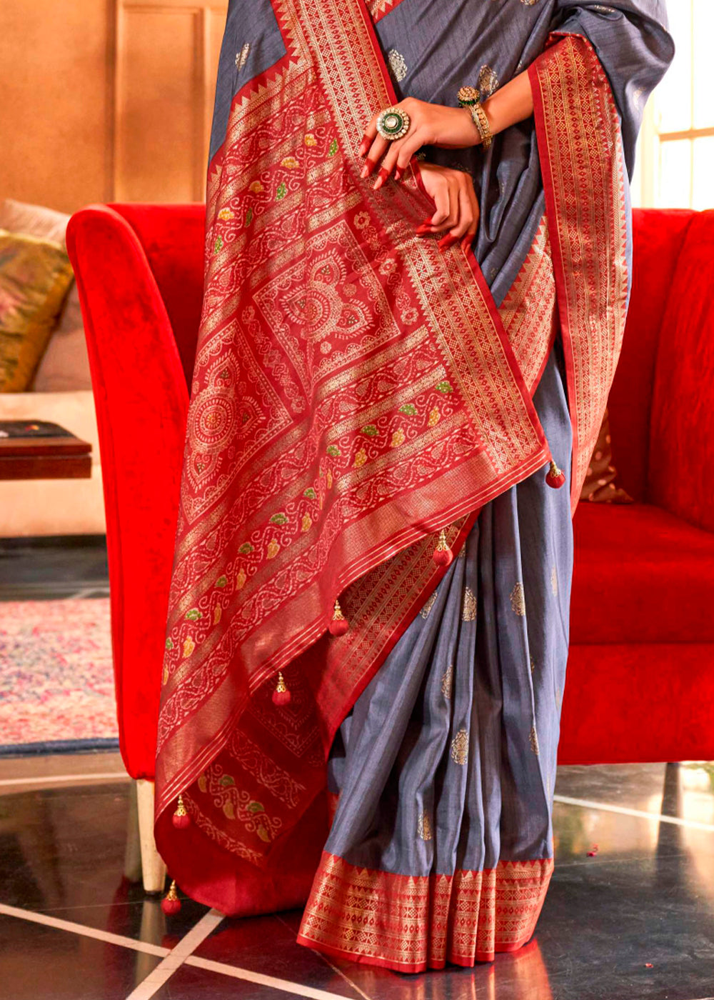 Pewter Grey Patola Silk Saree with Sambhal Puri Print - qivii