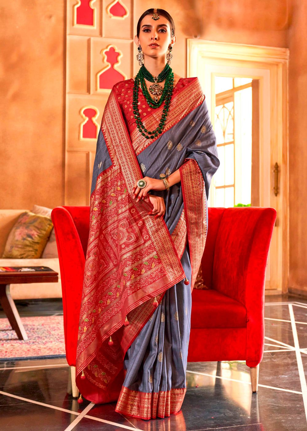 Pewter Grey Patola Silk Saree with Sambhal Puri Print - qivii