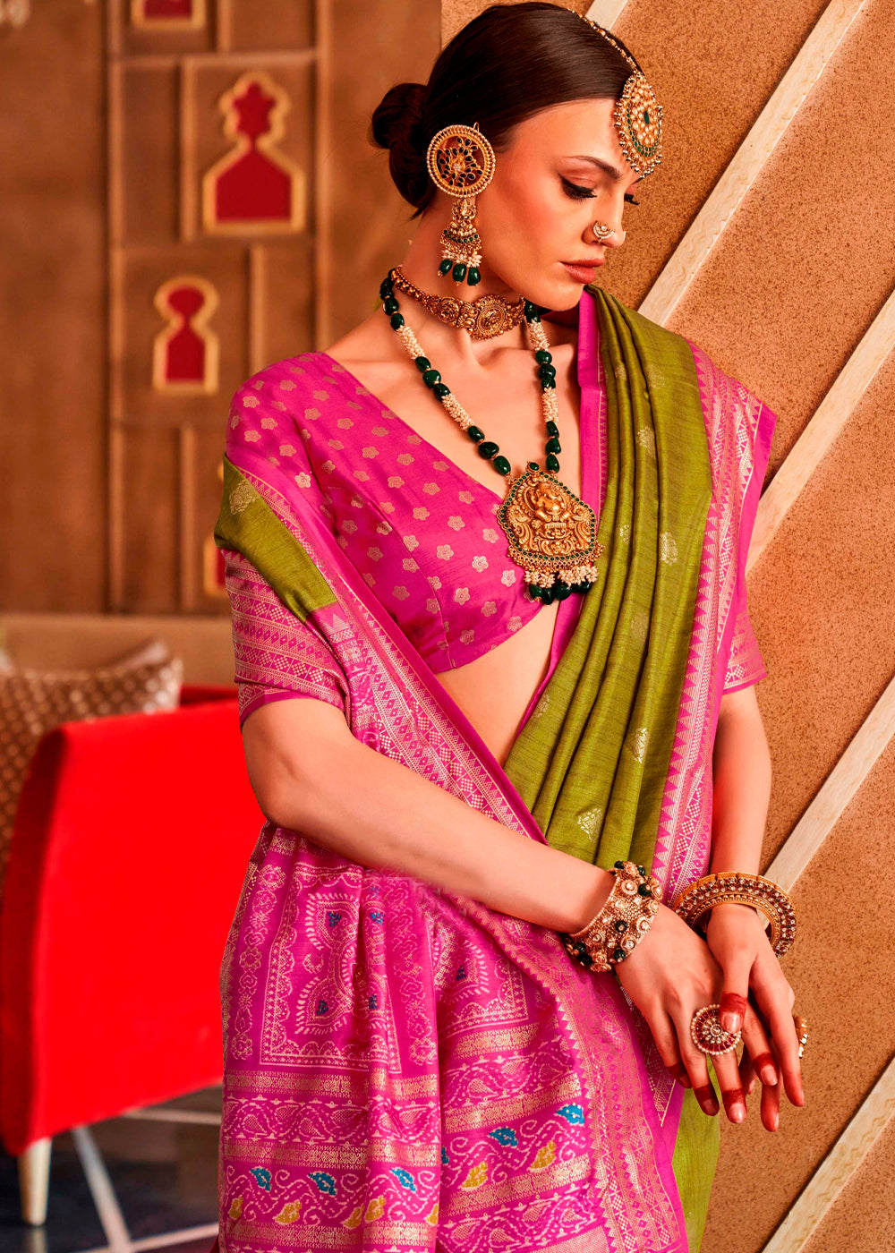 Olive Green Patola Silk Saree with Sambhal Puri Print - qivii