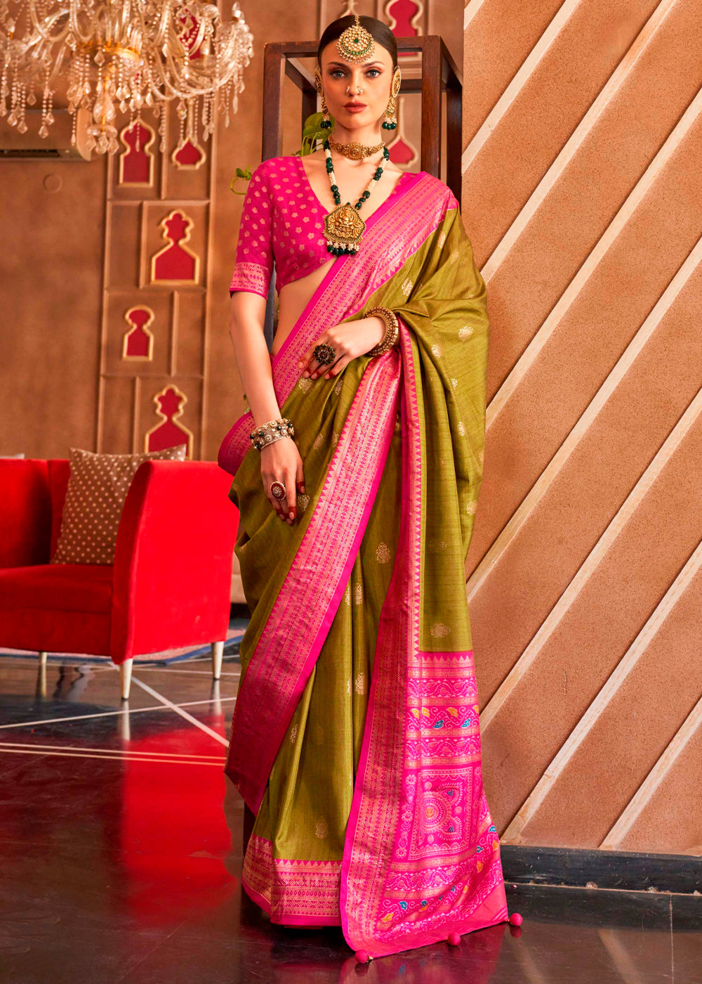 Olive Green Patola Silk Saree with Sambhal Puri Print - qivii