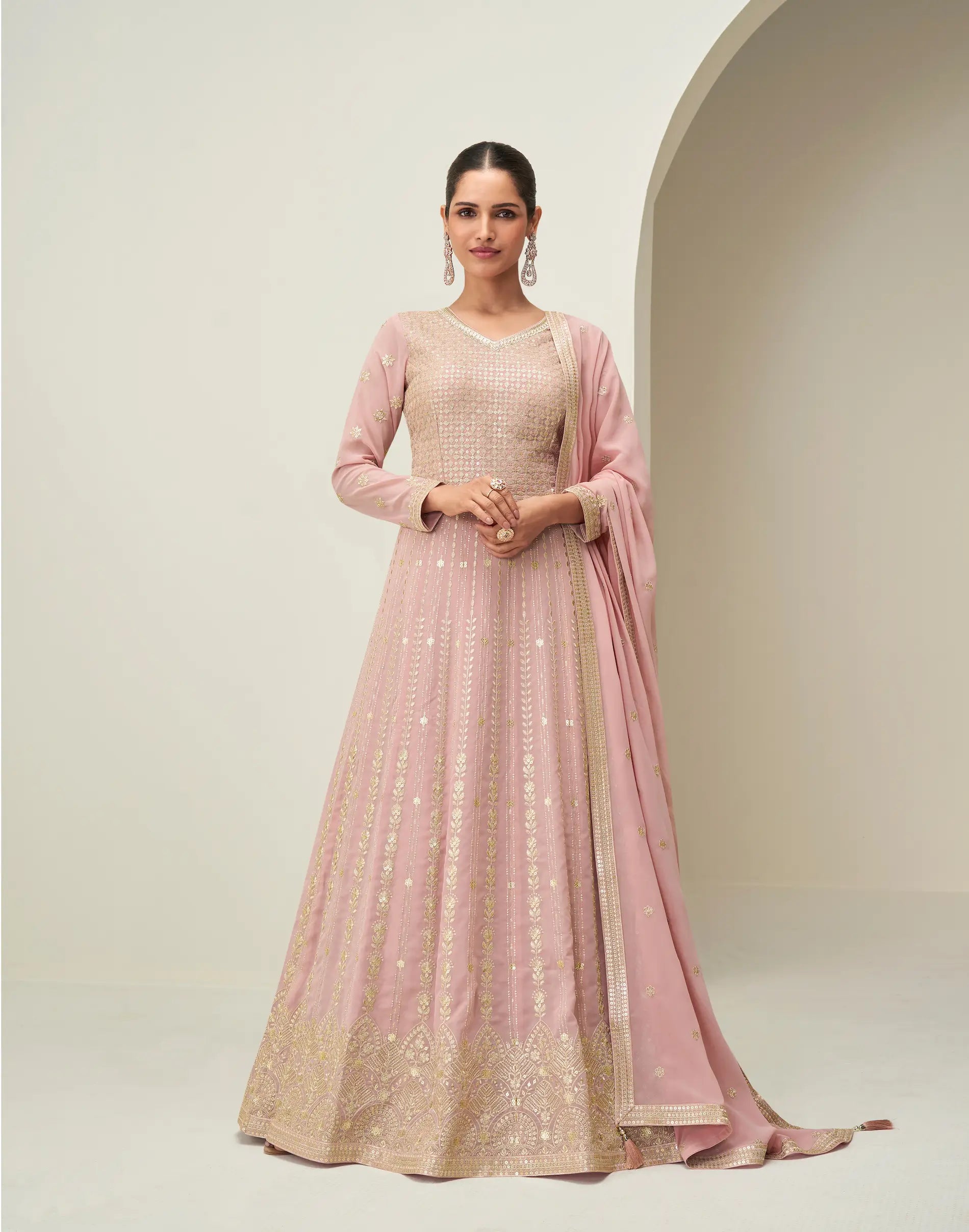 Light Pink Georgette Embroidery Work Gown - qivii