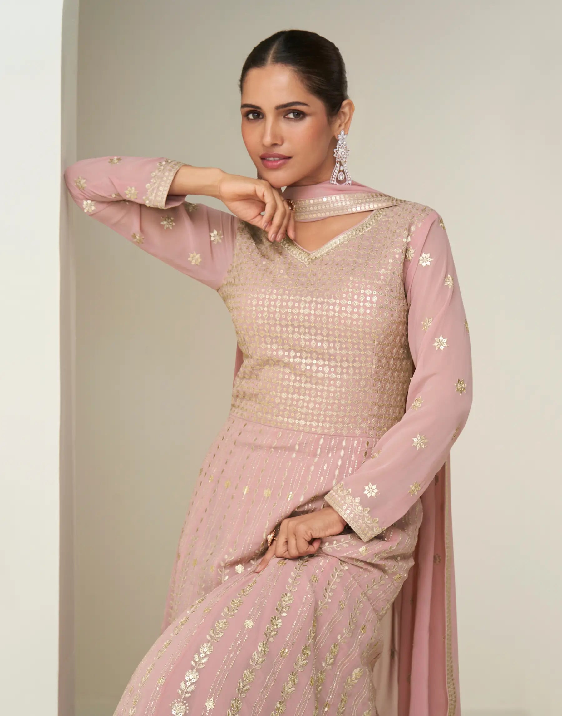 Light Pink Georgette Embroidery Work Gown - qivii
