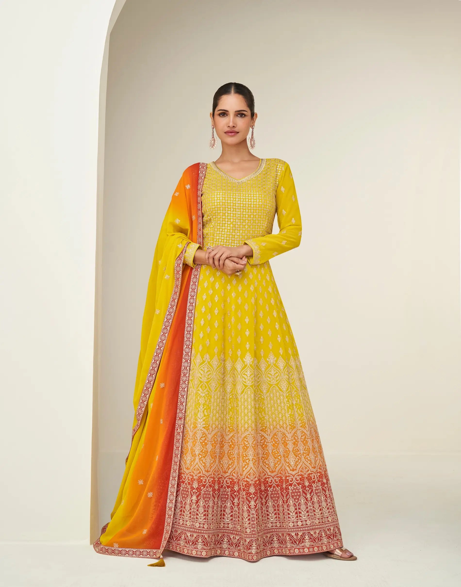 Bee Yellow Georgette Embroidery Work Gown - qivii
