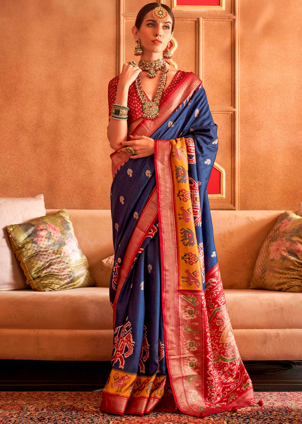 Navy Blue Patola Silk Saree with Sambhal Puri Print : Top Pick - qivii