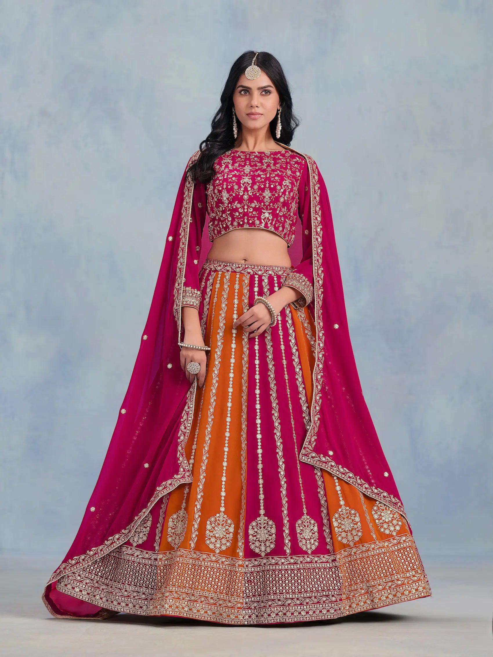 Dark Pink-Orange Georgette Thread & Sequins Embroidery Lehenga Choli - qivii